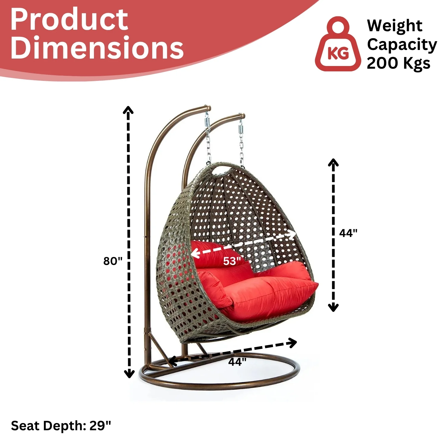 Double Seater Hanging Swing Chair (Dark Brown/Red) - Image 2