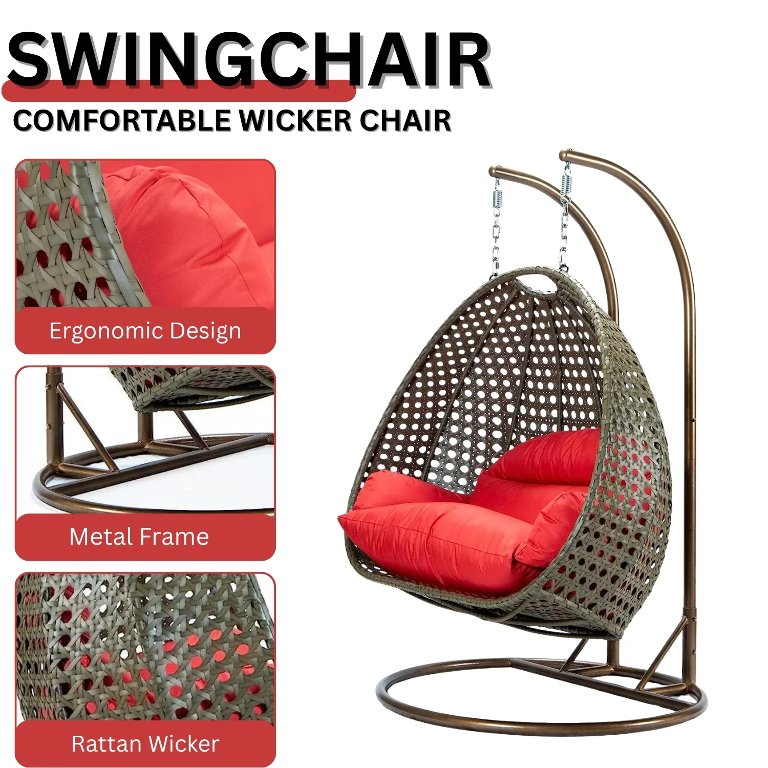 Double Seater Hanging Swing Chair (Dark Brown/Red) - Image 5