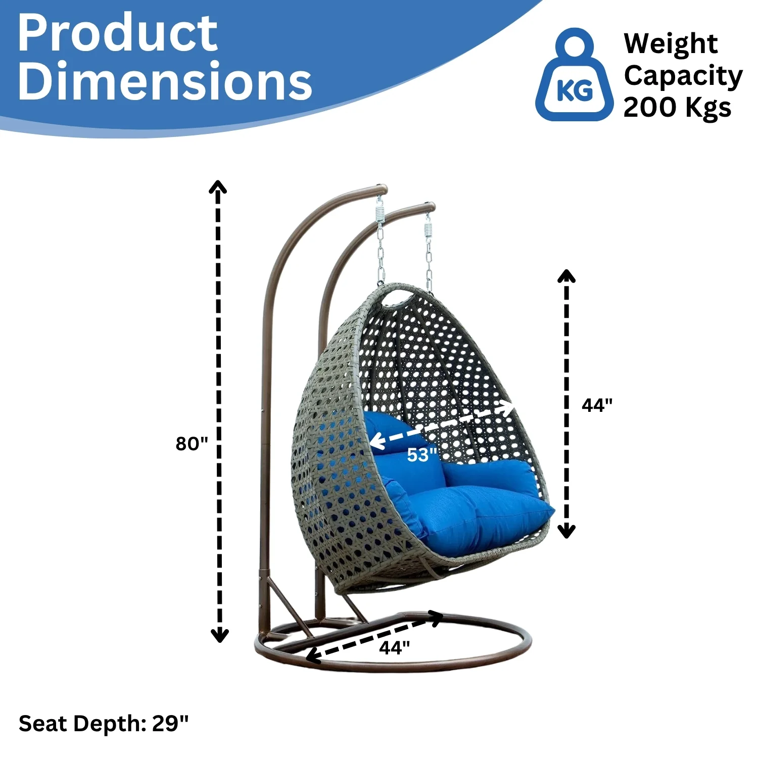 Double Seater Hanging Swing Chair (Dark Brown/Royal Blue) - Image 2