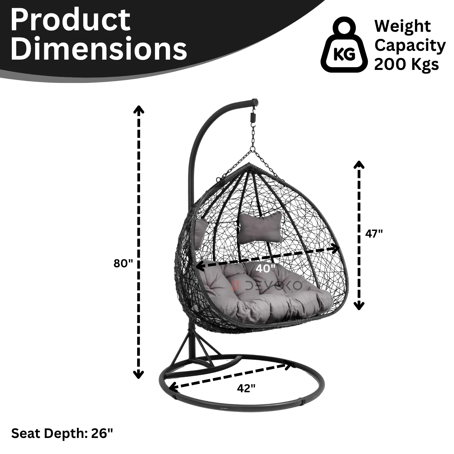 Double Seater Rattan & Wicker Swing (Black & Grey) - Image 2