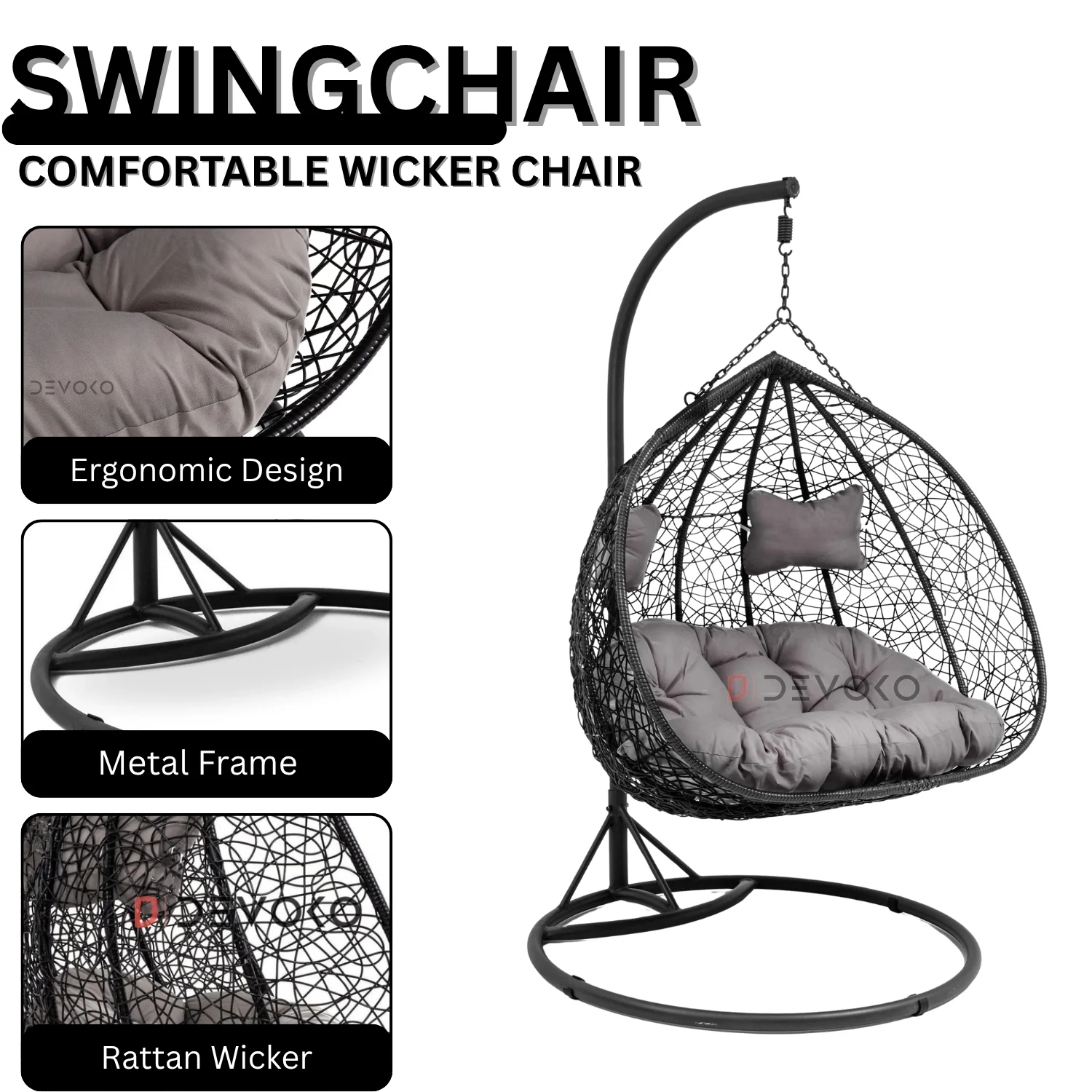 Double Seater Rattan & Wicker Swing (Black & Grey) - Image 4