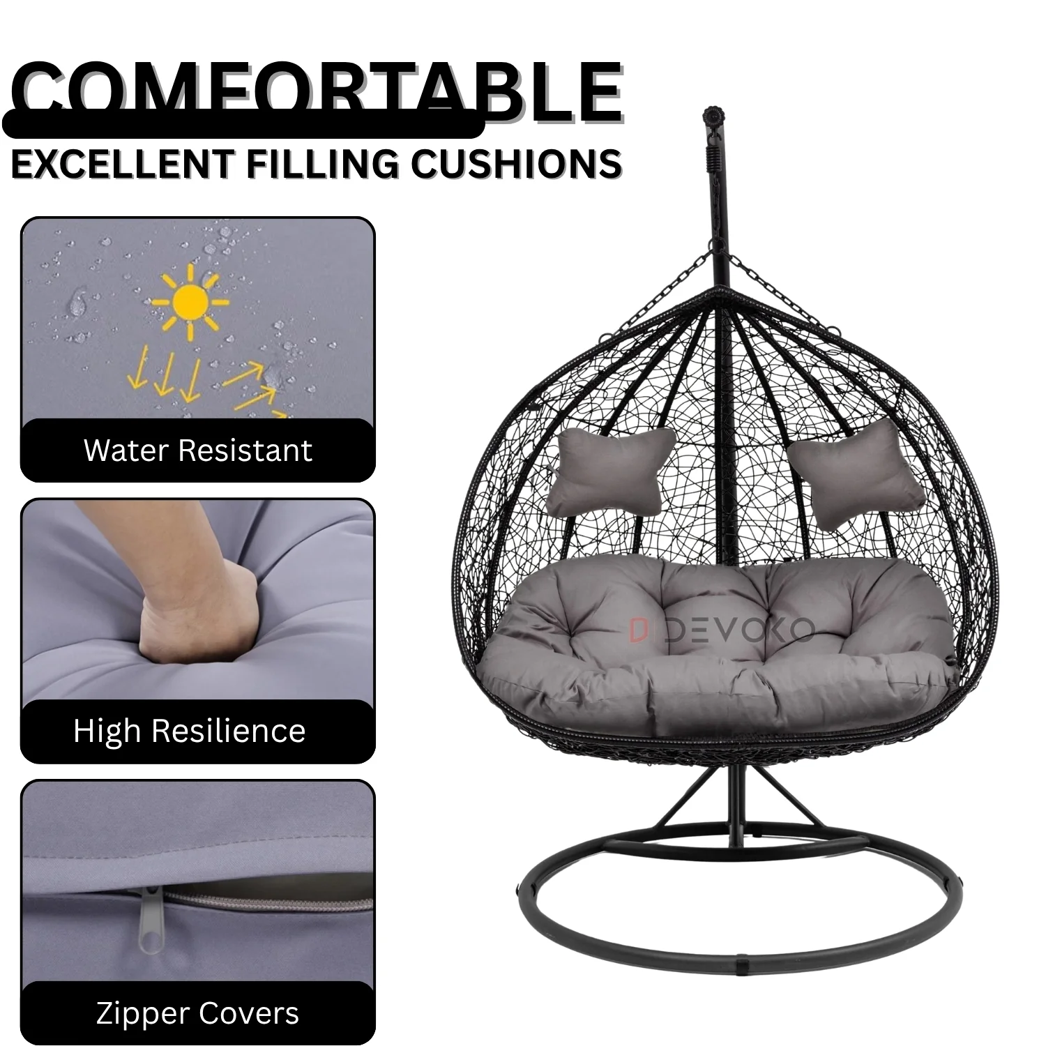 Double Seater Rattan & Wicker Swing (Black & Grey) - Image 5