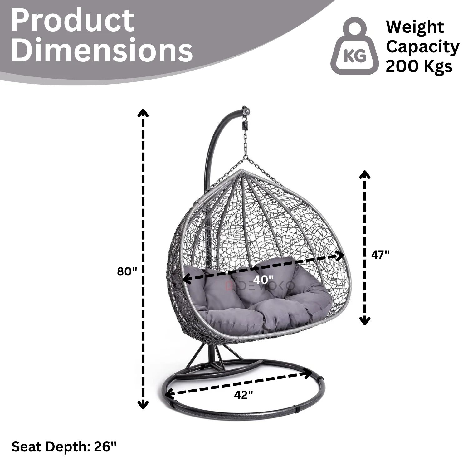 Double Seater Rattan & Wicker Swing (Grey) - Image 2