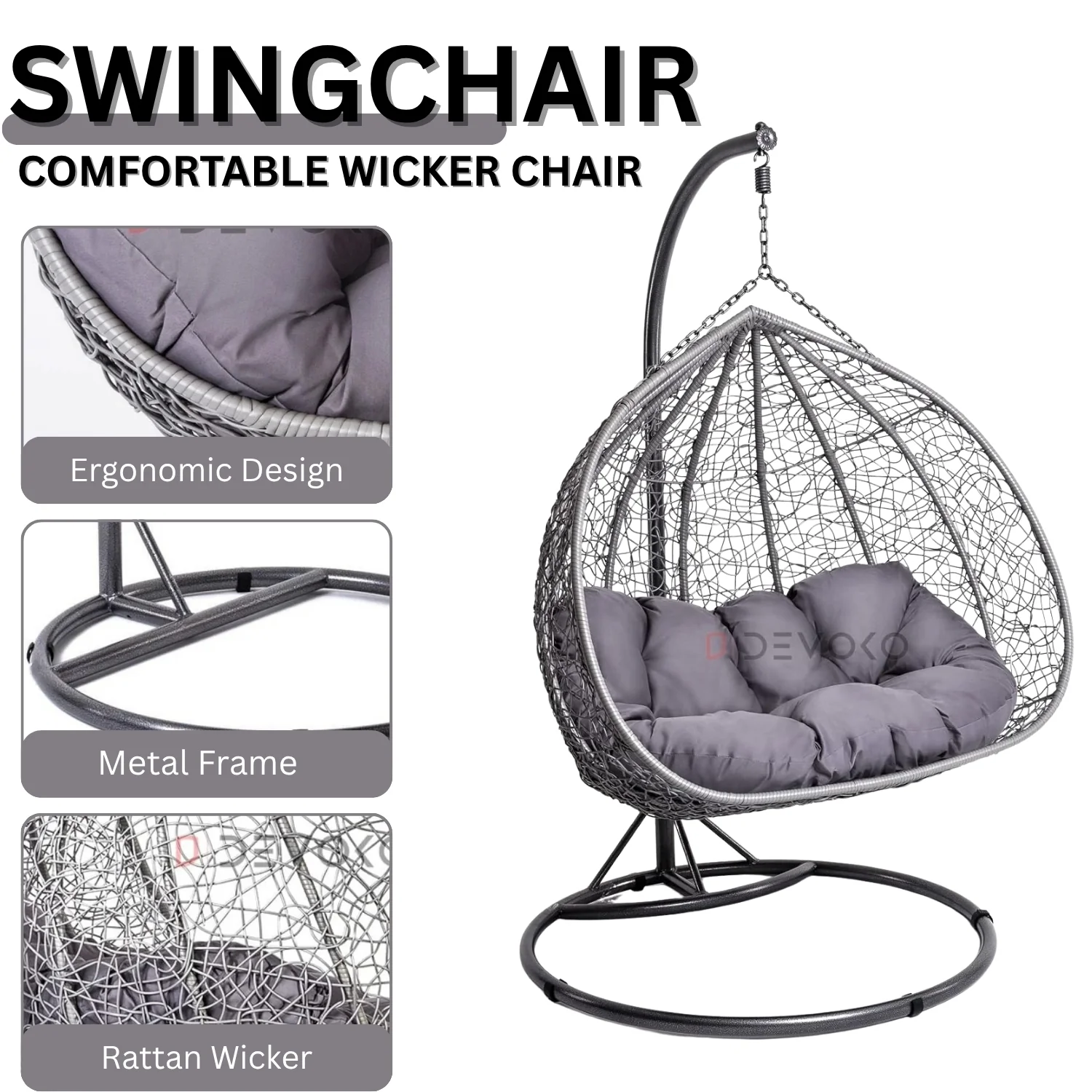Double Seater Rattan & Wicker Swing (Grey) - Image 4