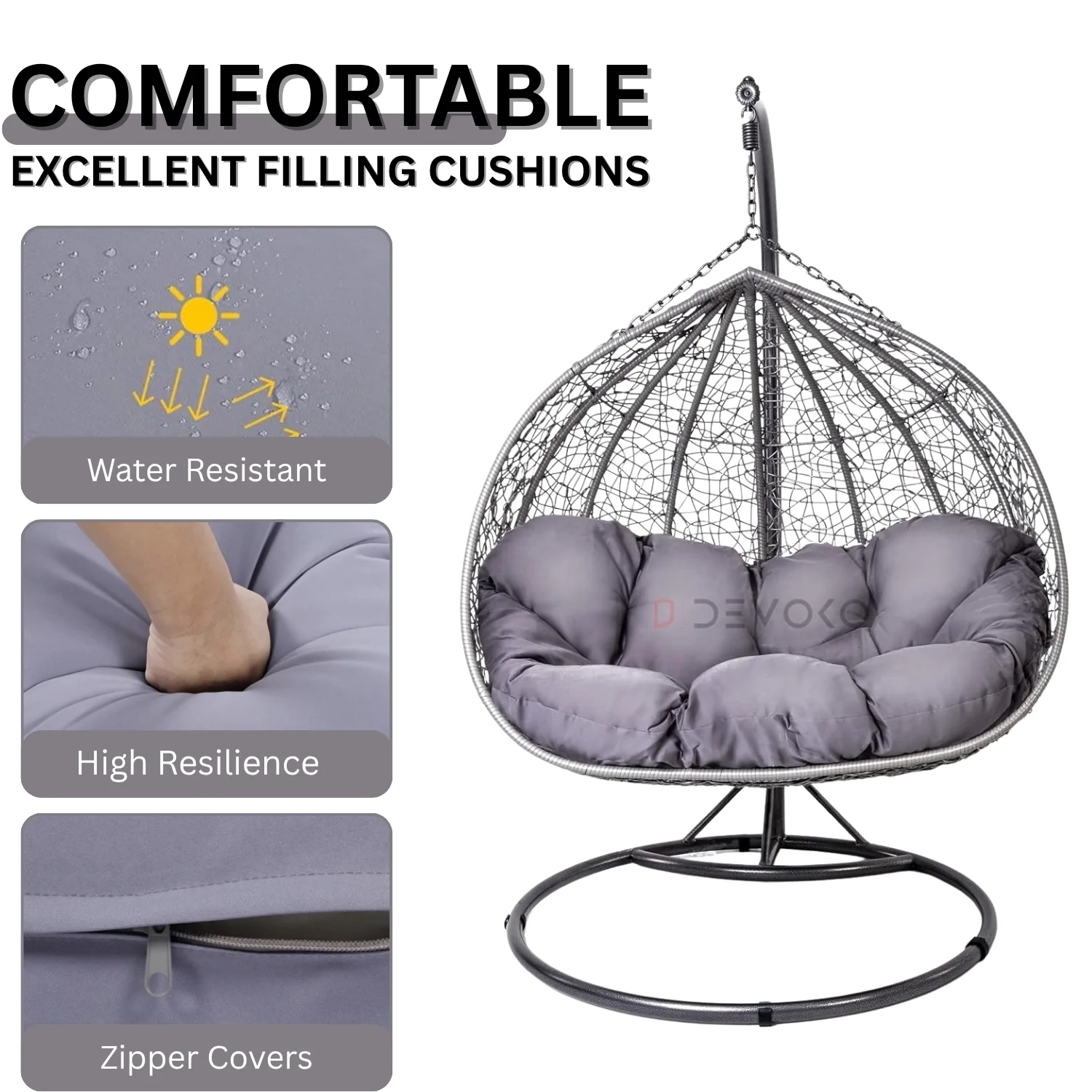 Double Seater Rattan & Wicker Swing (Grey) - Image 5