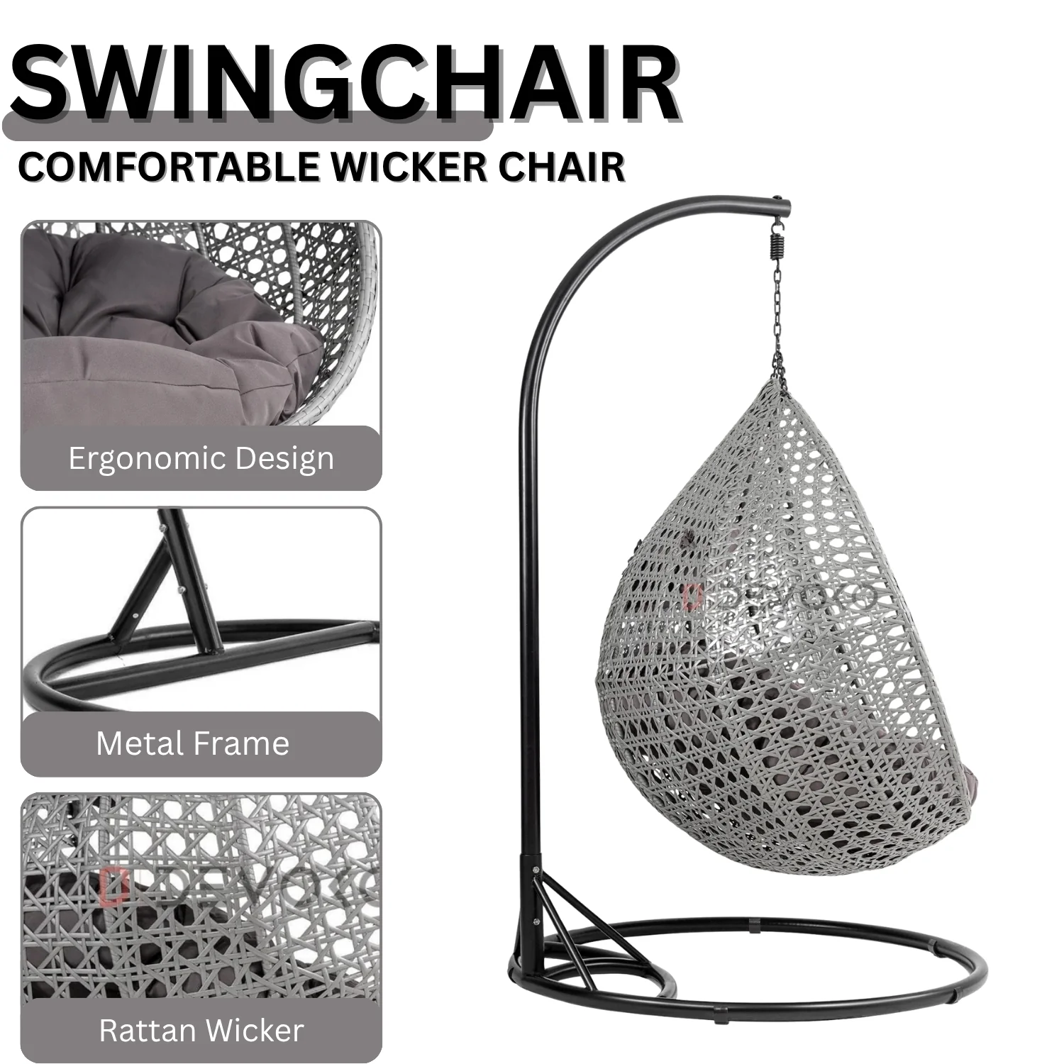 Double Seater Rattan & Wicker Swing (Grey) - Image 5