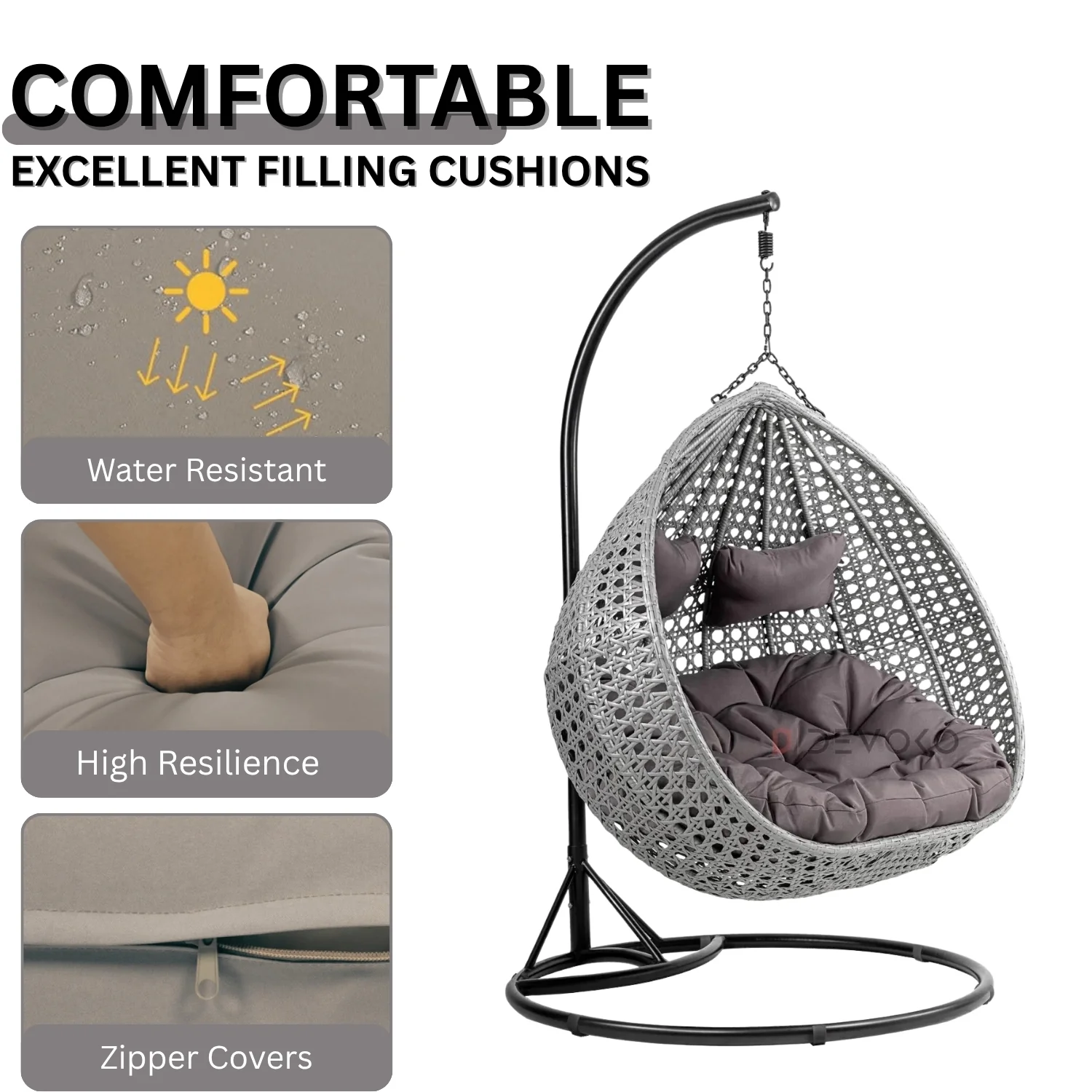 Double Seater Rattan & Wicker Swing (Grey) - Image 6