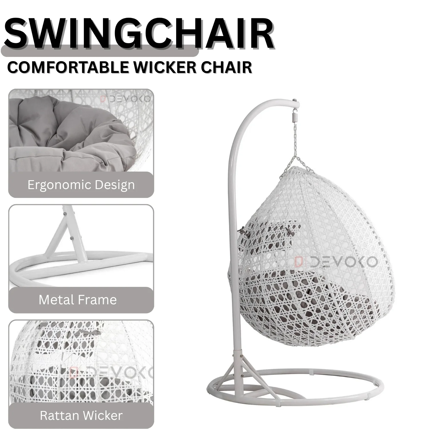 Double Seater Rattan & Wicker Swing (White & Grey) - Image 5