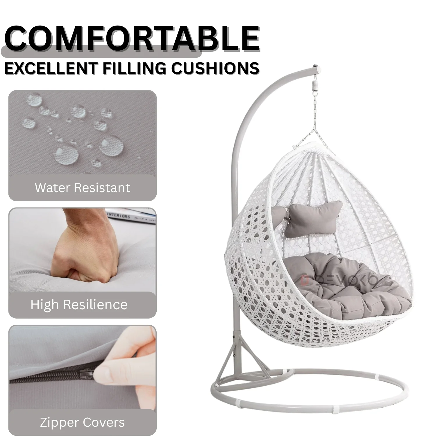 Double Seater Rattan & Wicker Swing (White & Grey) - Image 6