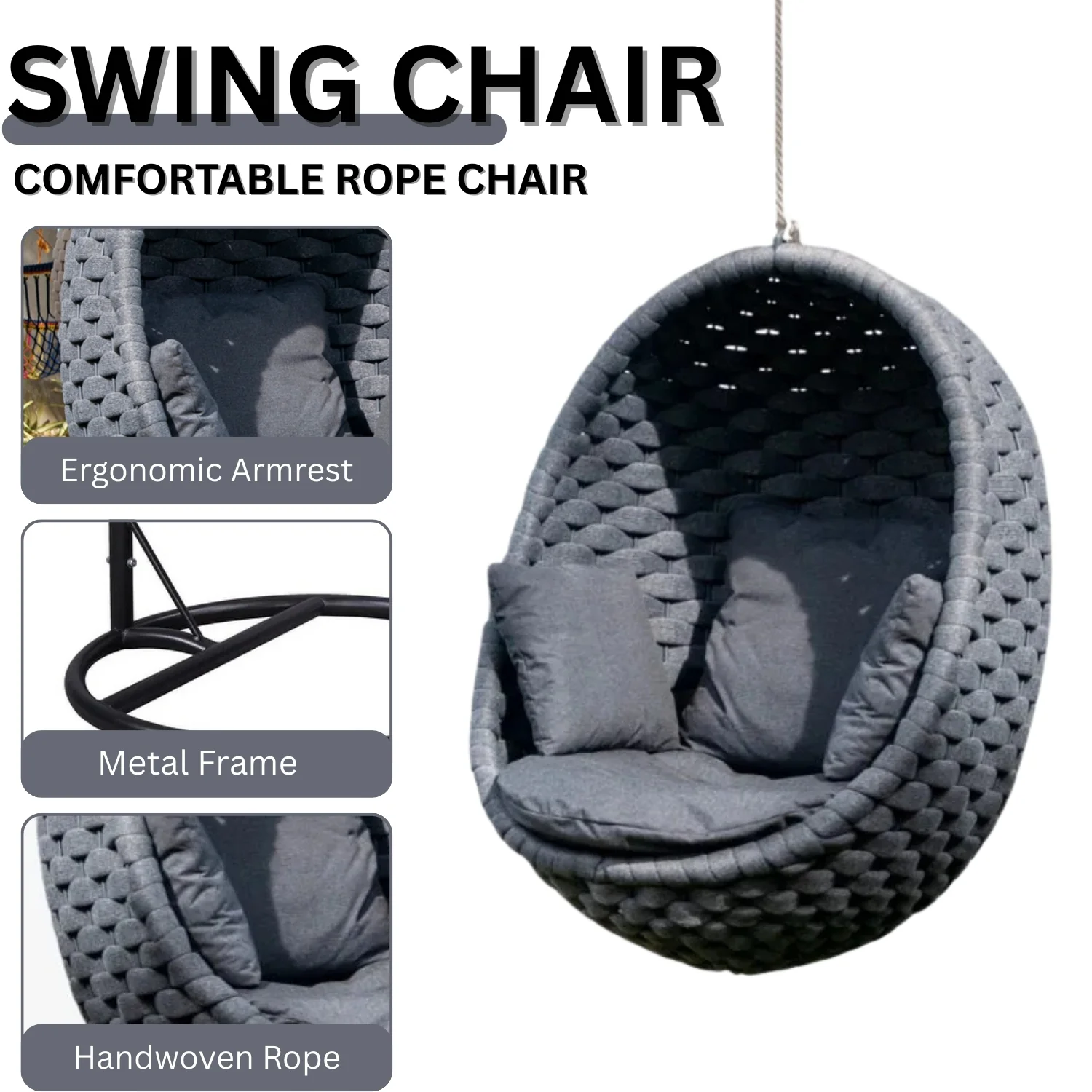 Grey Rope Hanging Egg Swing Chair - Image 4