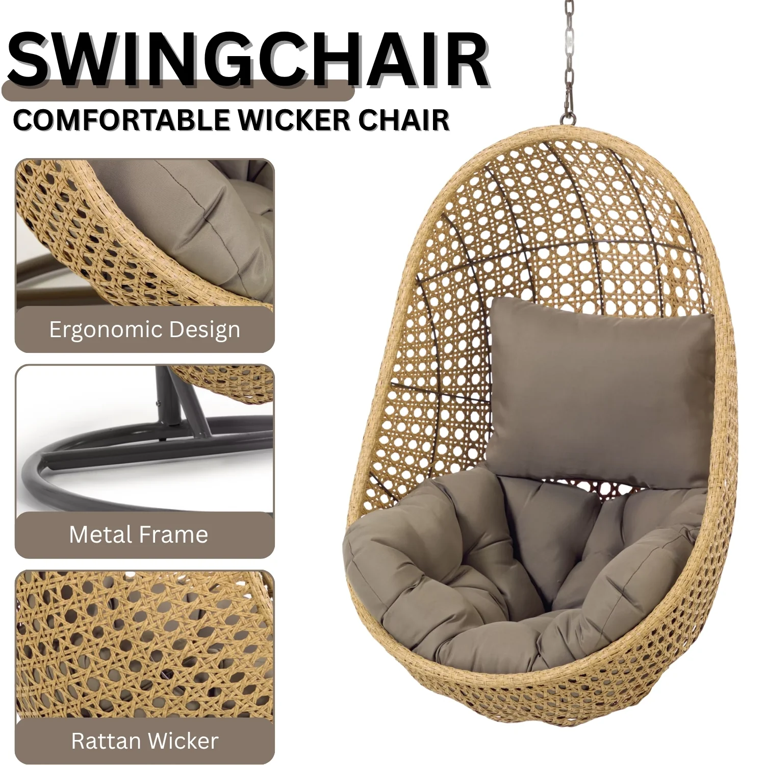 Hanging Egg Swing Chair (Beige and Dark Grey) - Image 5