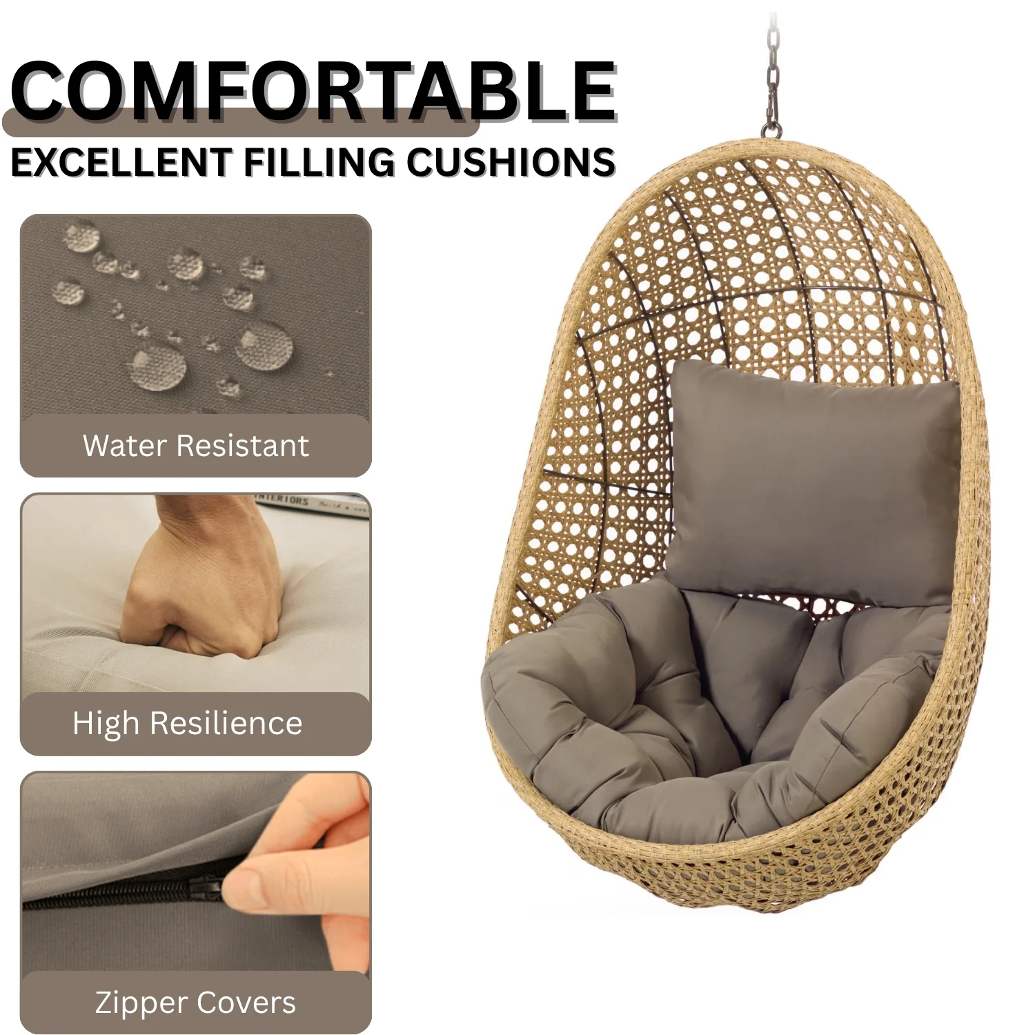 Hanging Egg Swing Chair (Beige and Dark Grey) - Image 6