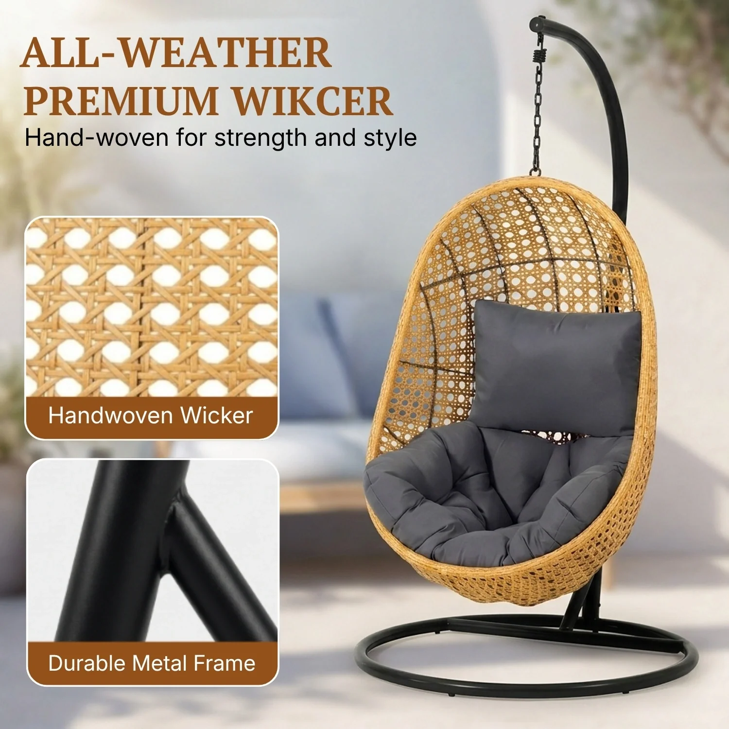 Hanging Egg Swing Chair (Beige and Dark Grey) - Image 3