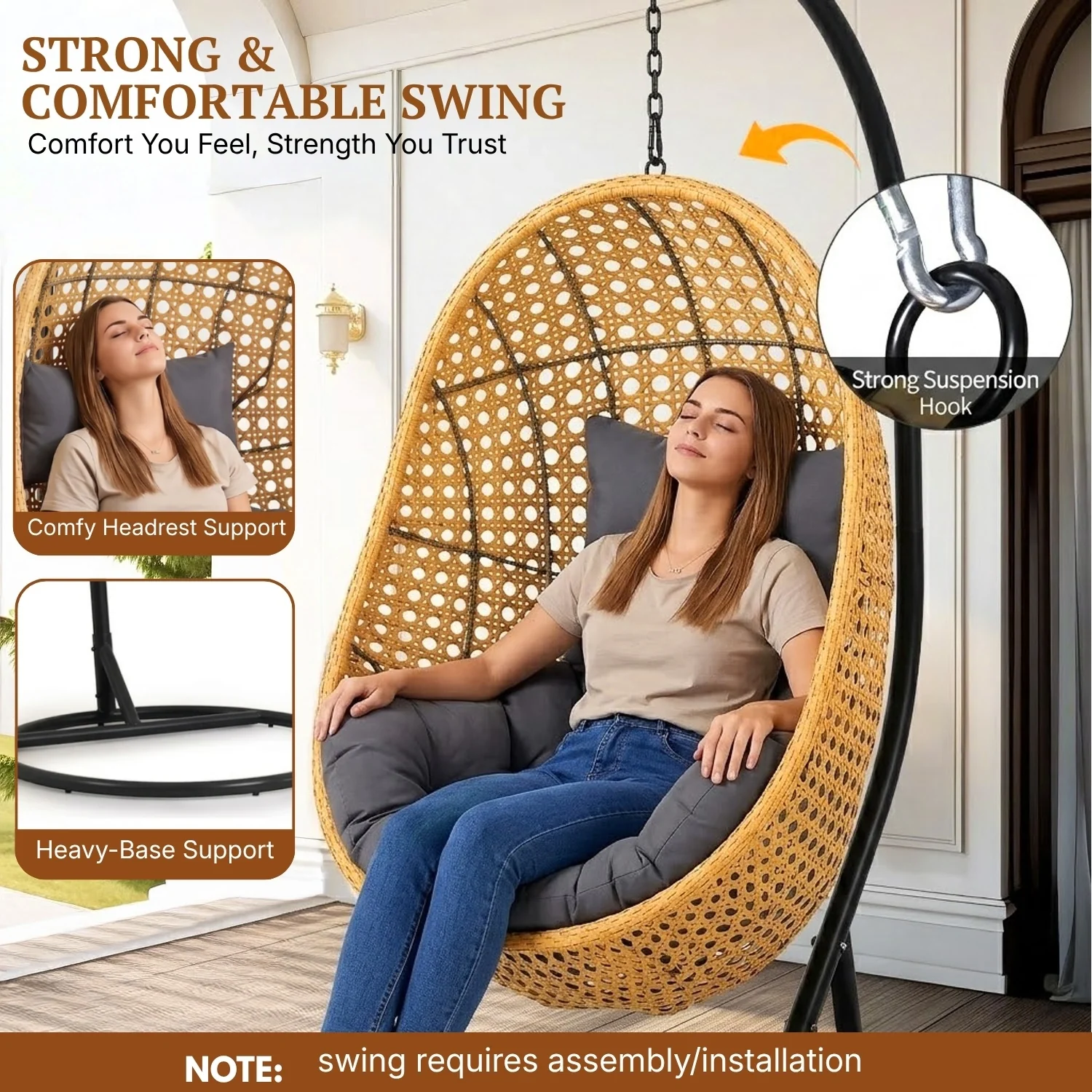 Hanging Egg Swing Chair (Beige and Dark Grey) - Image 6