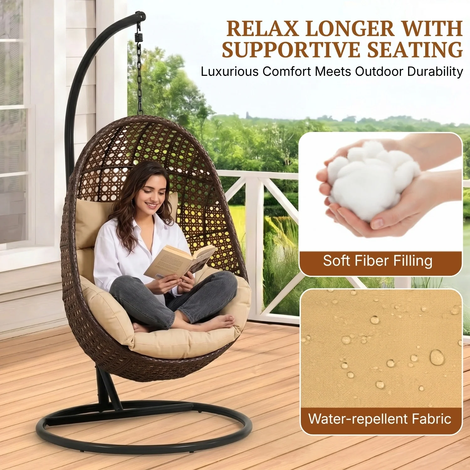 Hanging Egg Swing Chair (Dark Brown and Cream) - Image 5