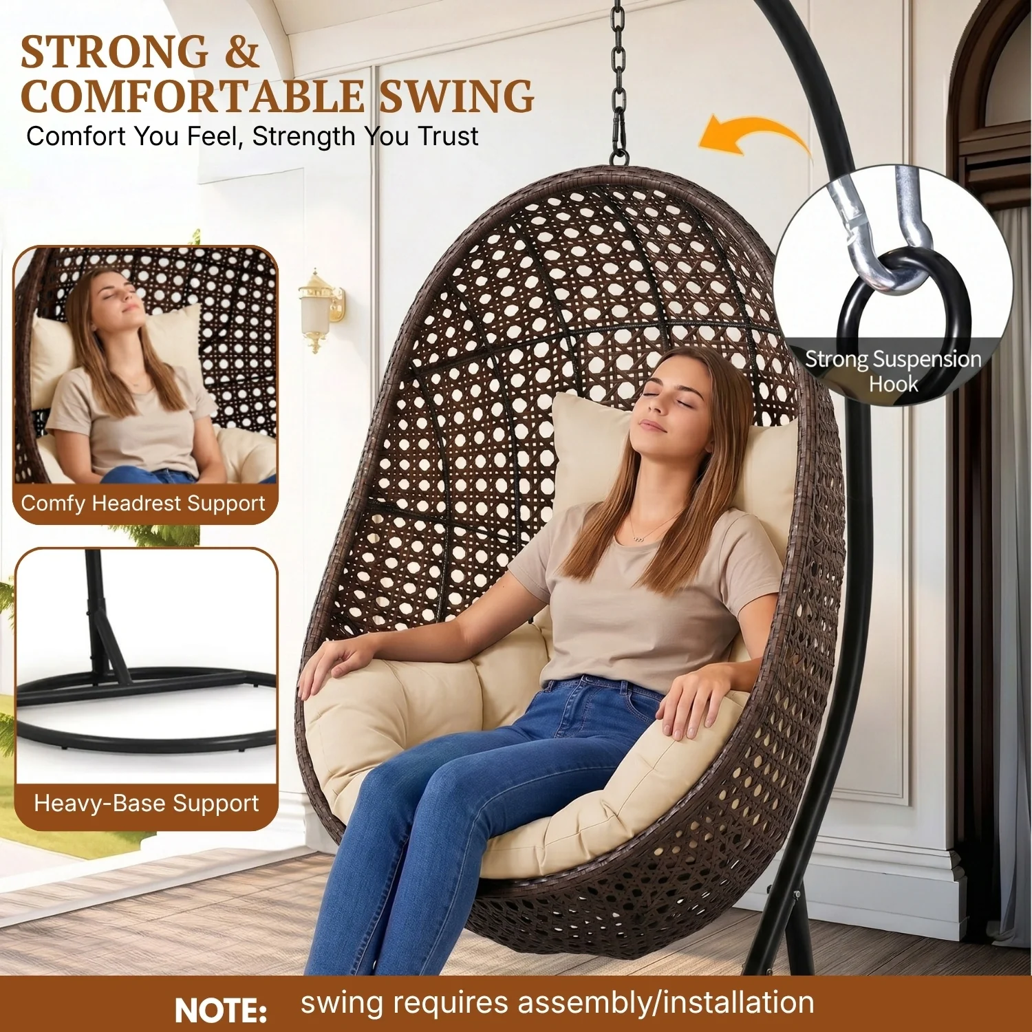 Hanging Egg Swing Chair (Dark Brown and Cream) - Image 6