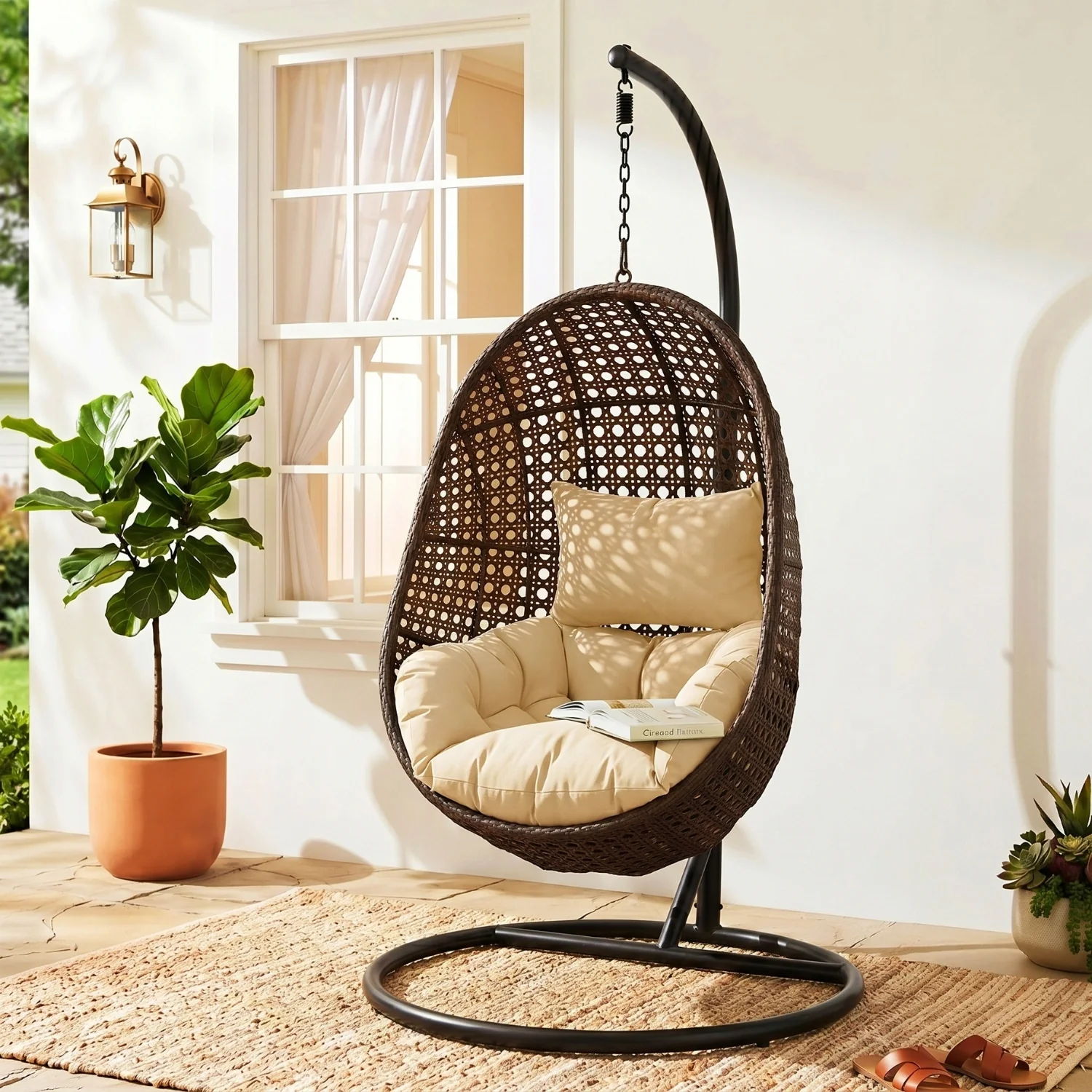 Hanging Egg Swing Chair (Dark Brown and Cream) - Image 7