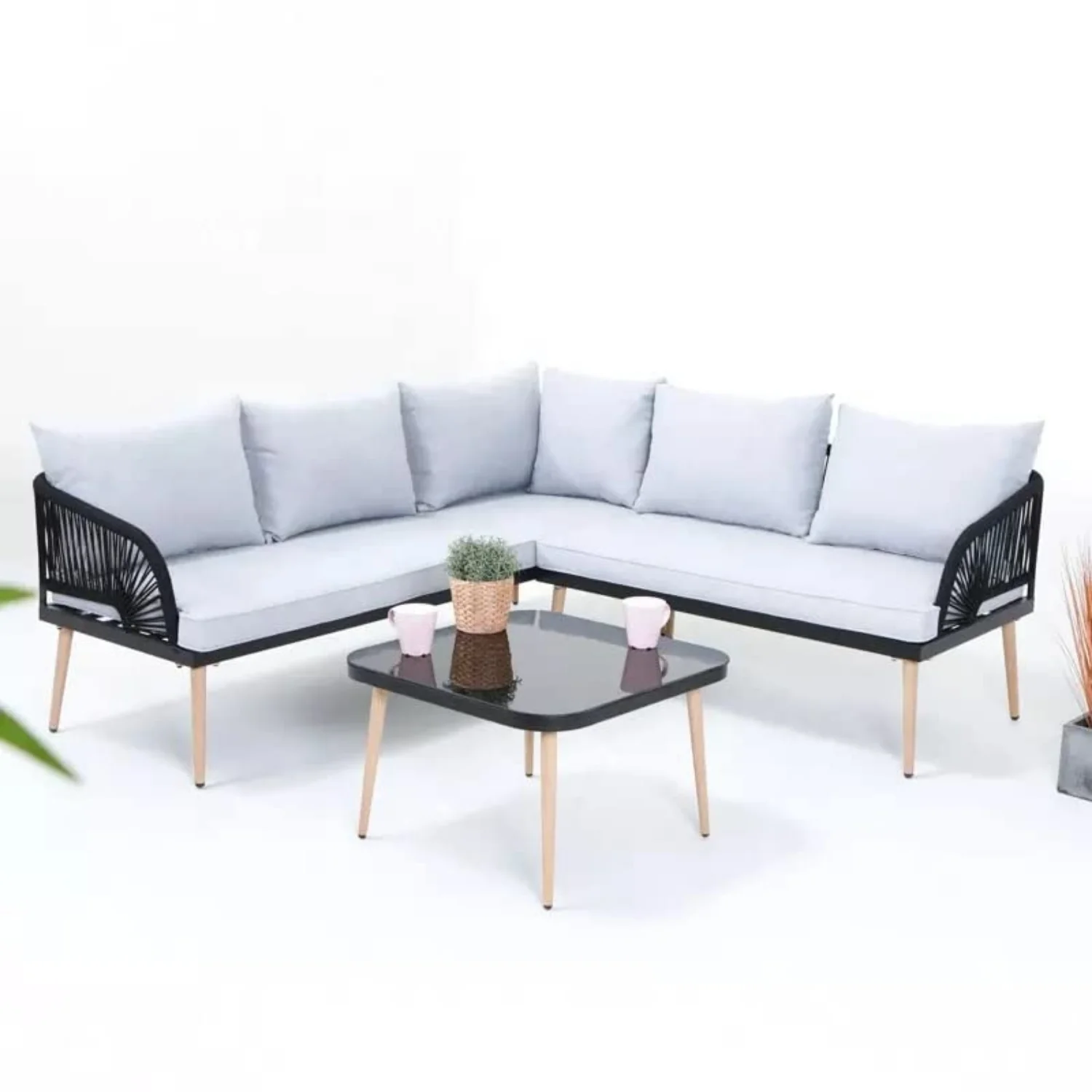 L-Shape 5 Seater Outdoor Patio Rope Conversation Set with Table - Image 11
