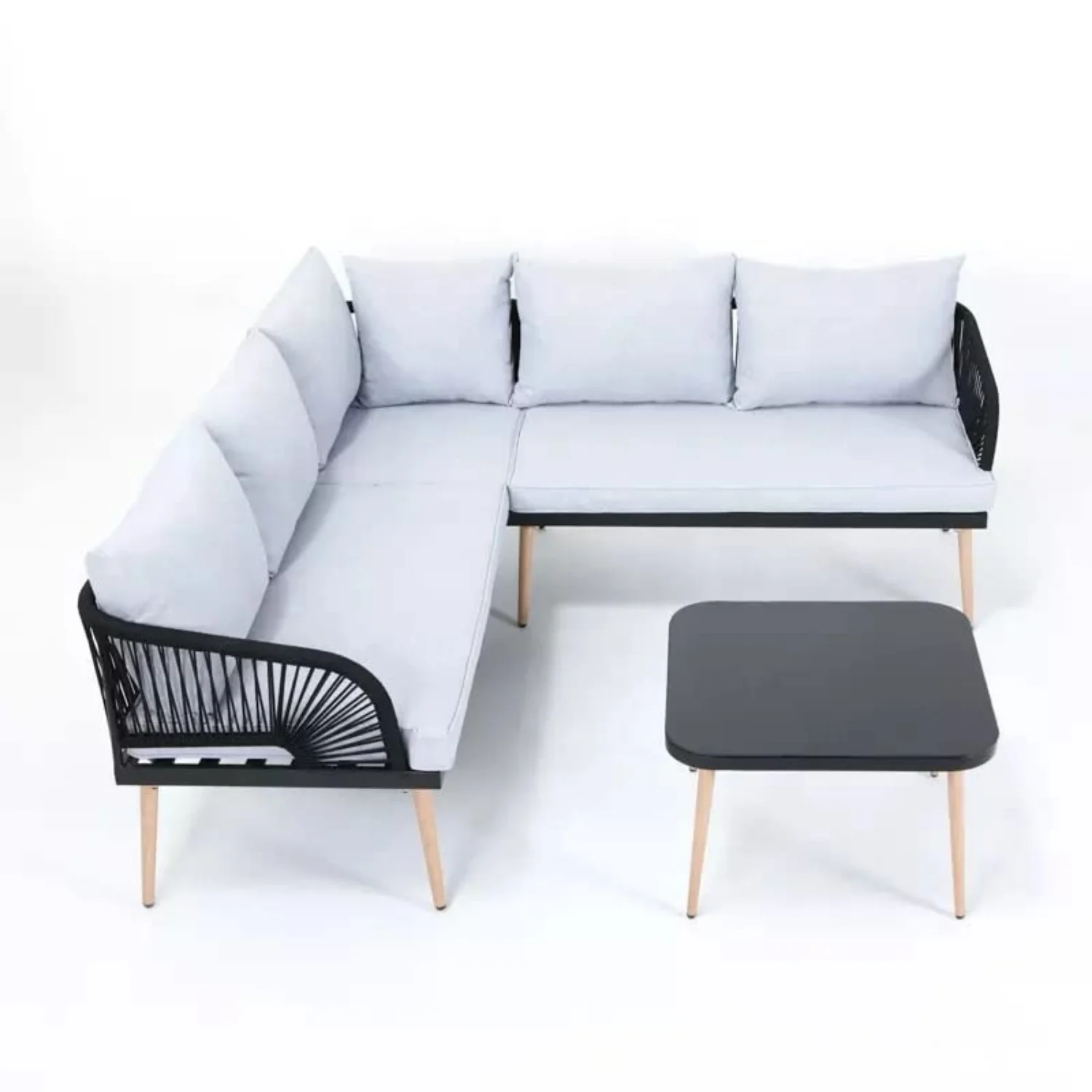 L-Shape 5 Seater Outdoor Patio Rope Conversation Set with Table - Image 12