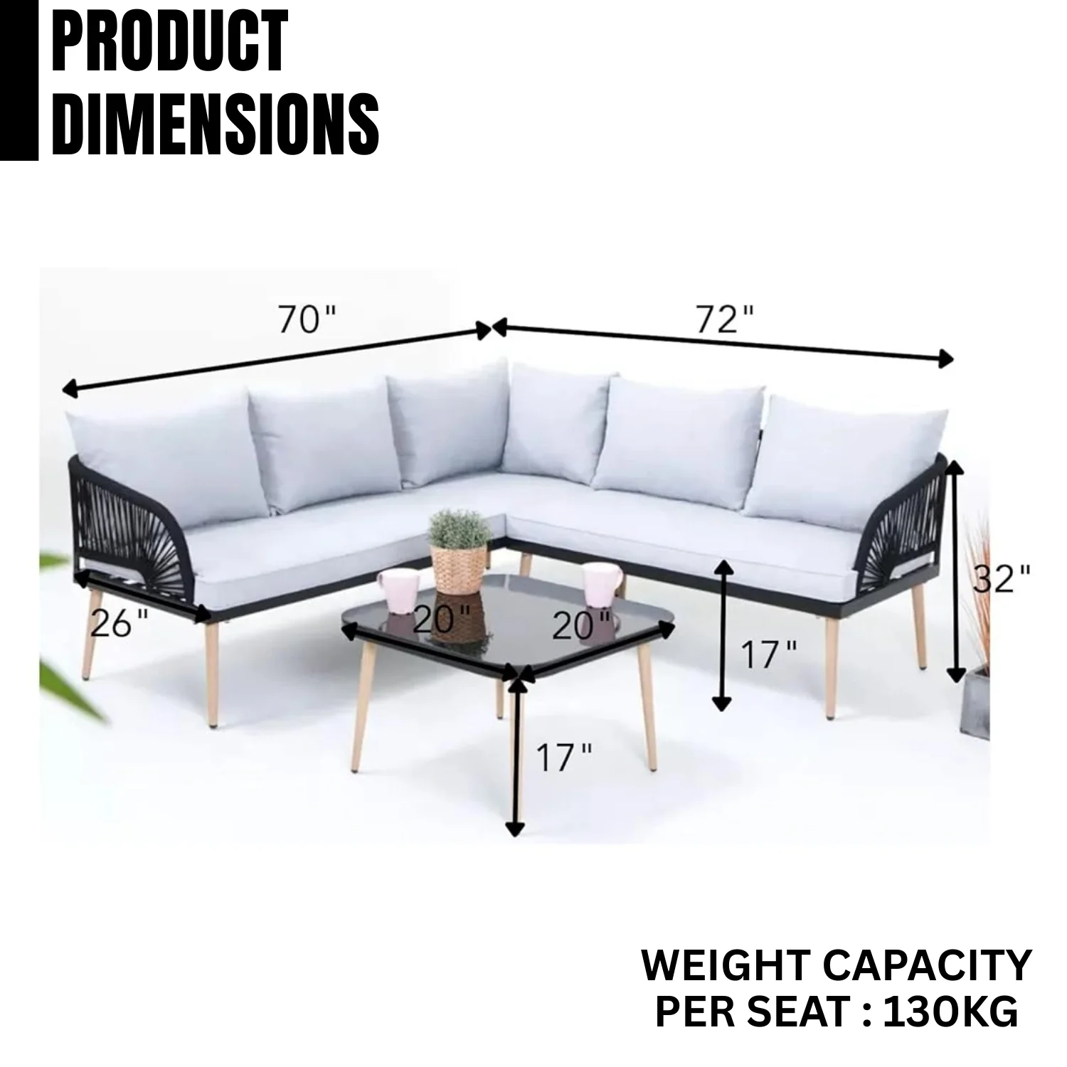 L-Shape 5 Seater Outdoor Patio Rope Conversation Set with Table - Image 2