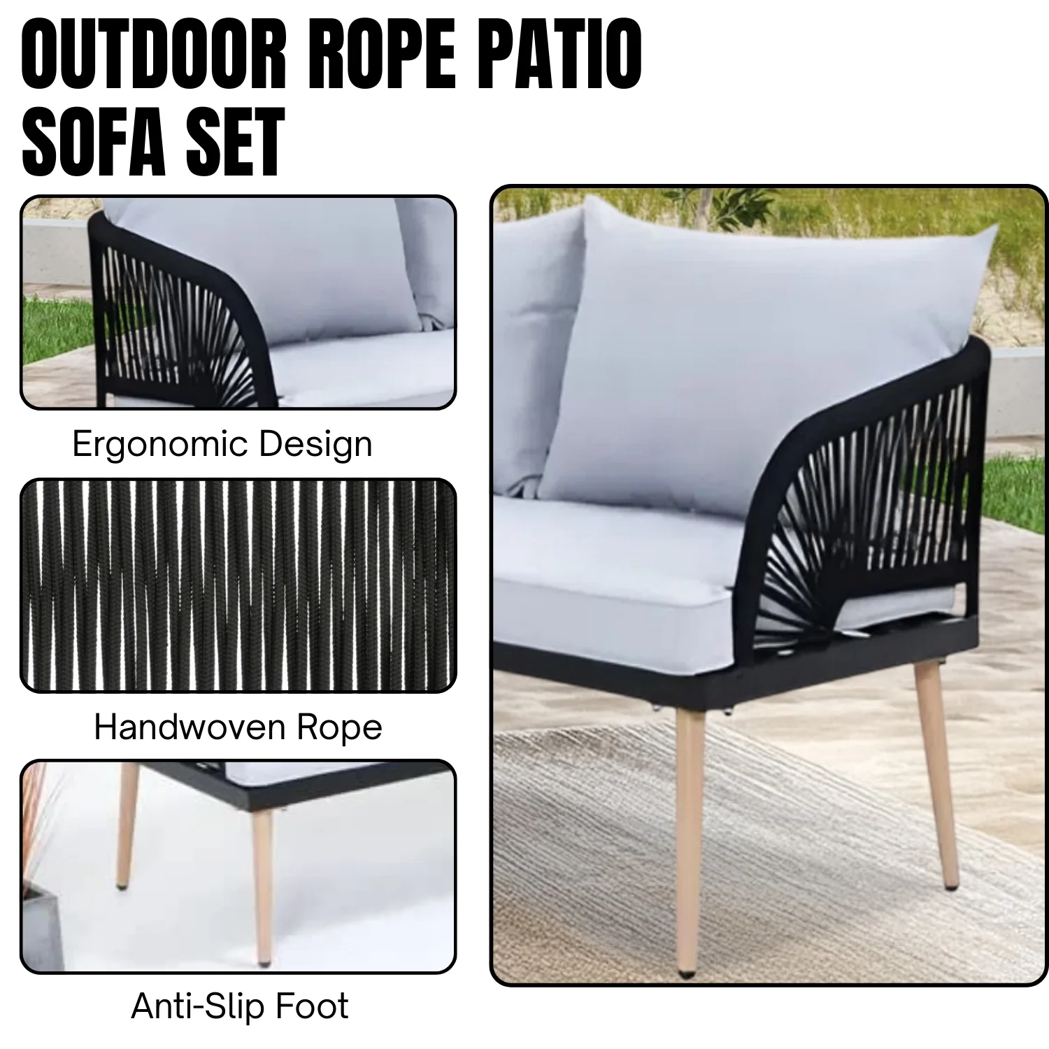L-Shape 5 Seater Outdoor Patio Rope Conversation Set with Table - Image 5