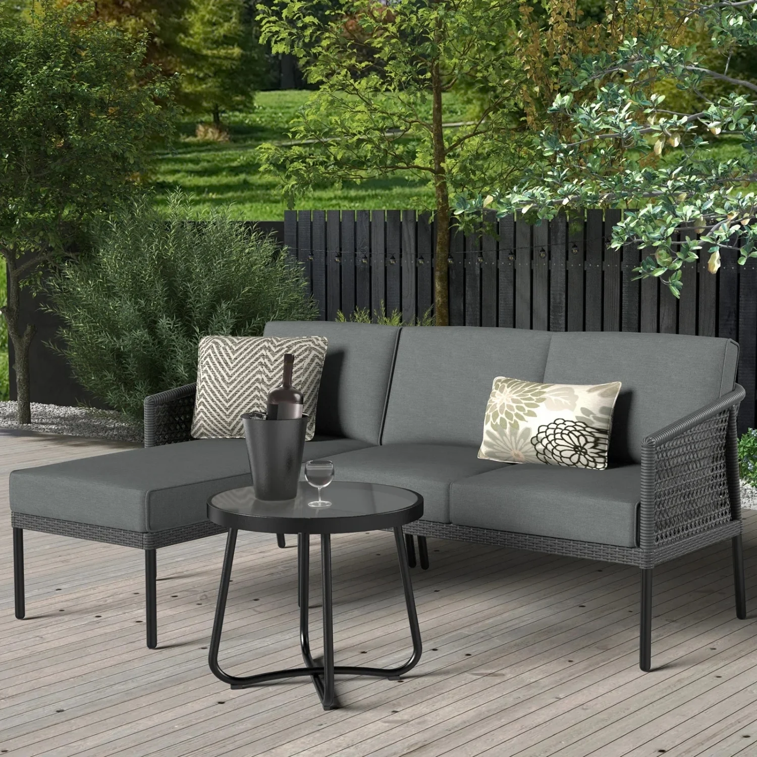 L-Shaped Patio Conversation Sofa Set with Thick Cushions & Side Table (Grey) - Image 12