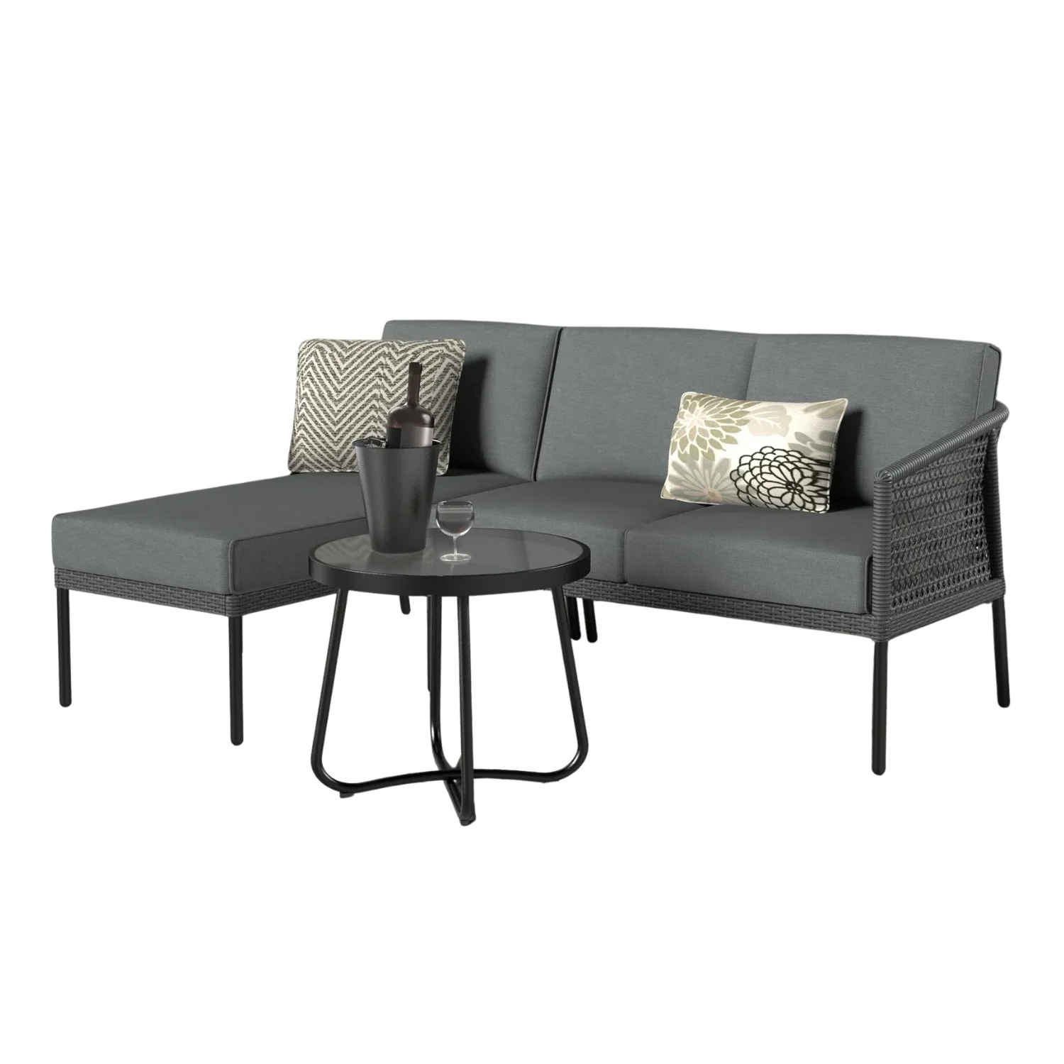 L-Shaped Patio Conversation Sofa Set with Thick Cushions & Side Table (Grey) - Image 5