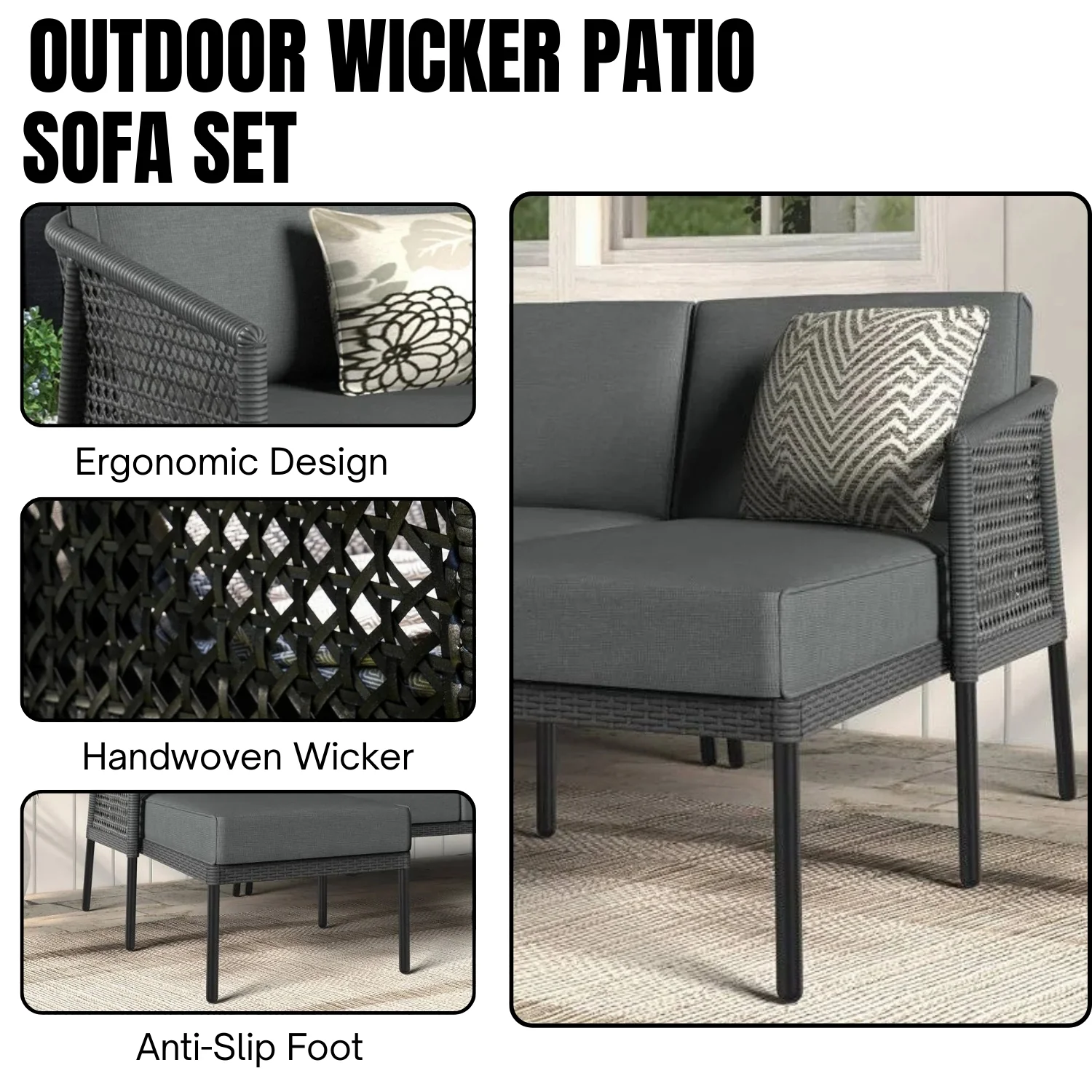 L-Shaped Patio Conversation Sofa Set with Thick Cushions & Side Table (Grey) - Image 6