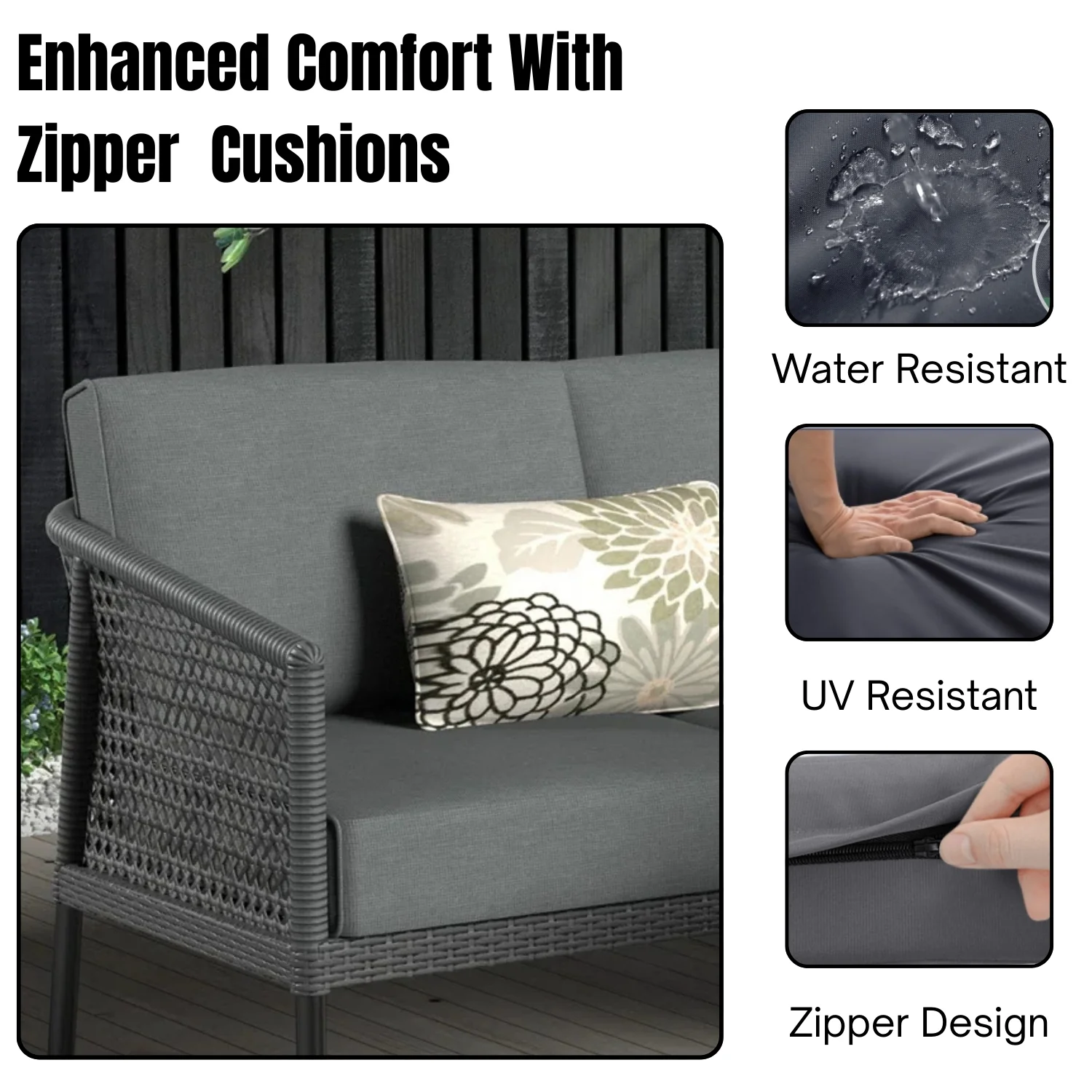 L-Shaped Patio Conversation Sofa Set with Thick Cushions & Side Table (Grey) - Image 7