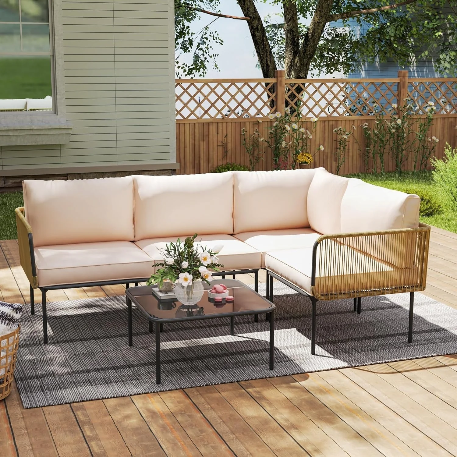 L-Shaped Rope Woven Outdoor Sofa Set (Beige & Cream) - Image 10