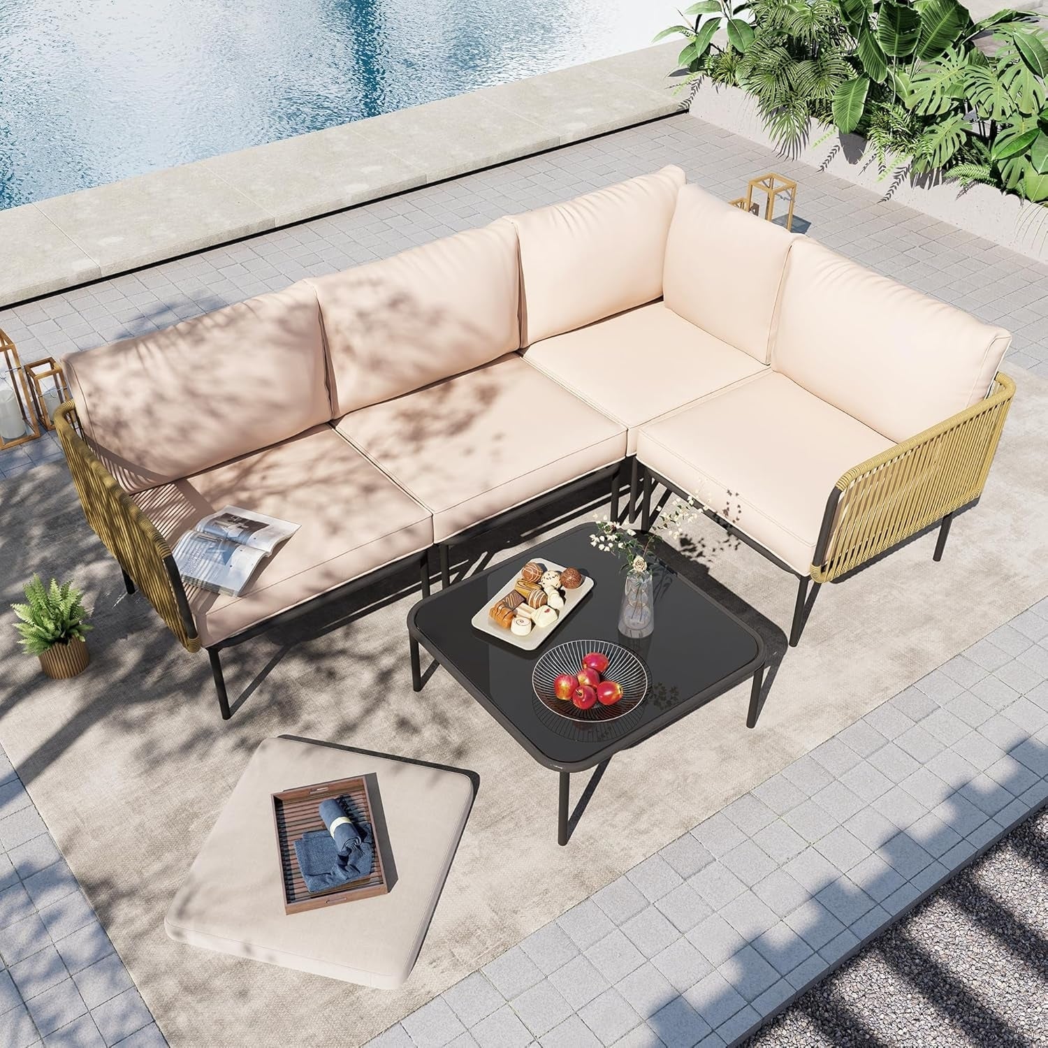 L-Shaped Rope Woven Outdoor Sofa Set (Beige & Cream) - Image 4