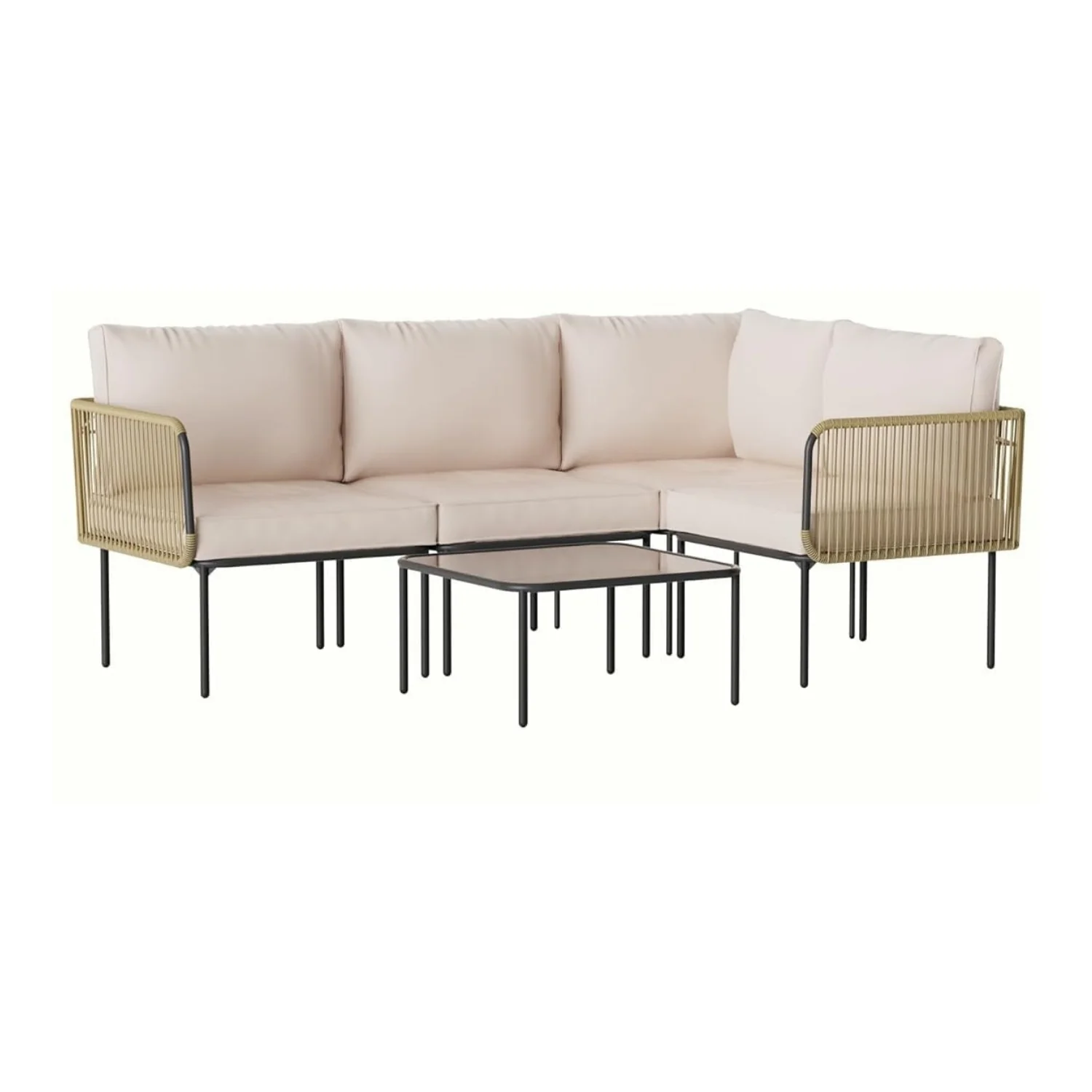L-Shaped Rope Woven Outdoor Sofa Set (Beige & Cream) - Image 5