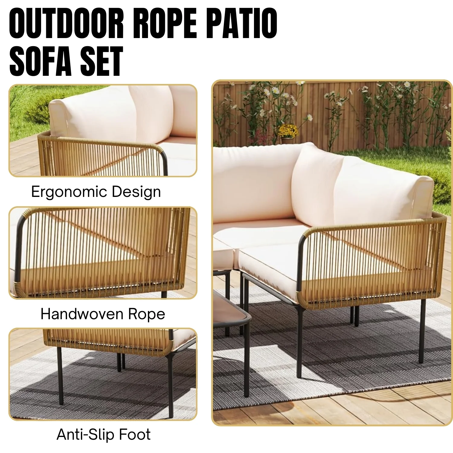 L-Shaped Rope Woven Outdoor Sofa Set (Beige & Cream) - Image 6