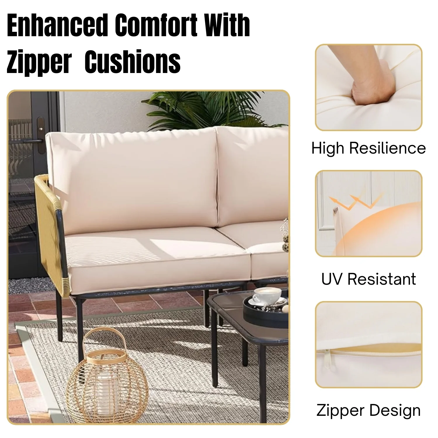 L-Shaped Rope Woven Outdoor Sofa Set (Beige & Cream) - Image 7