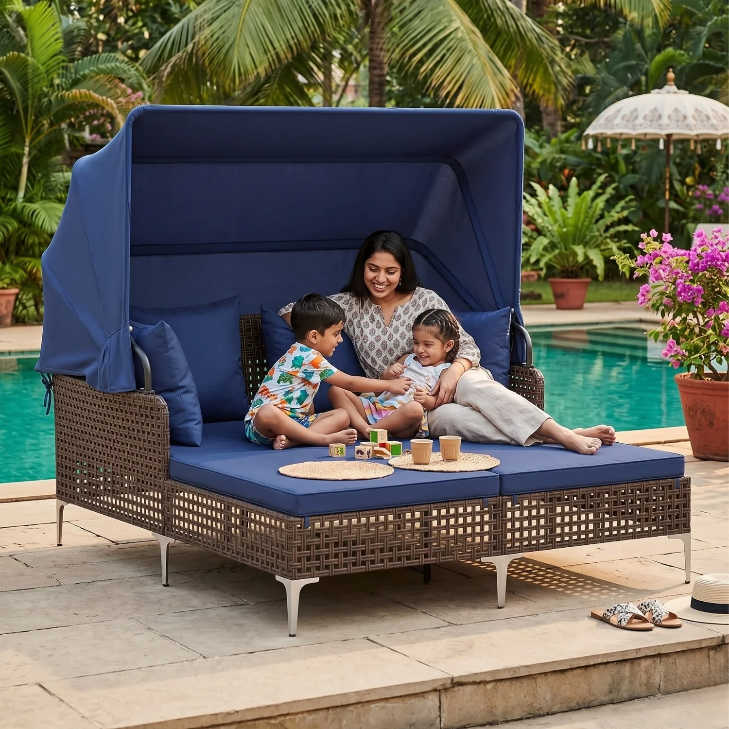Luxury Outdoor Rattan Wicker Daybed with Canopy & Cushions - Image 10