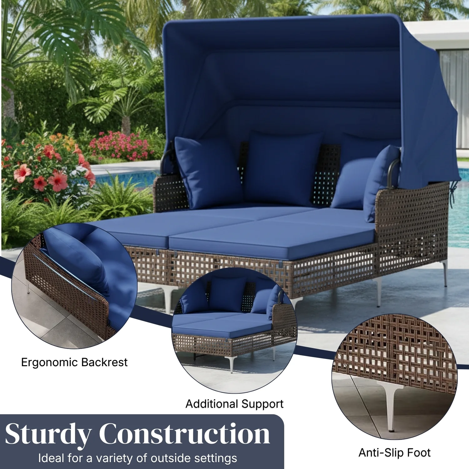 Luxury Outdoor Rattan Wicker Daybed with Canopy & Cushions - Image 4