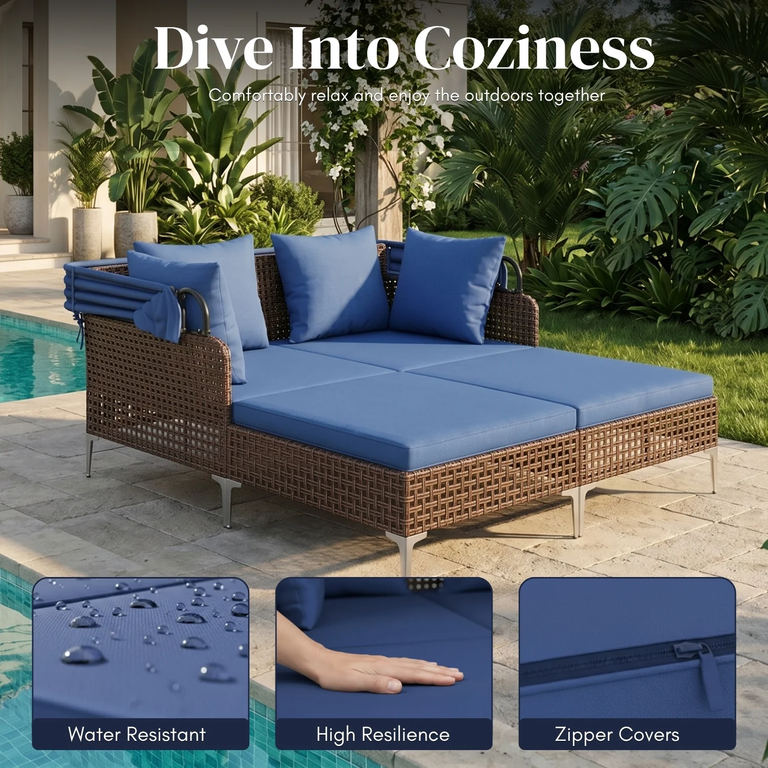 Luxury Outdoor Rattan Wicker Daybed with Canopy & Cushions - Image 5