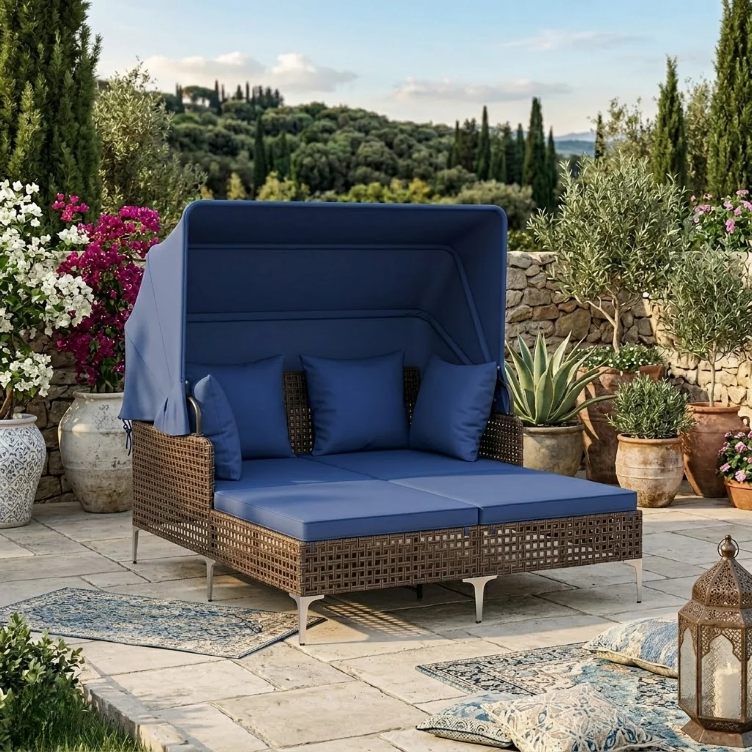 Luxury Outdoor Rattan Wicker Daybed with Canopy & Cushions - Image 7