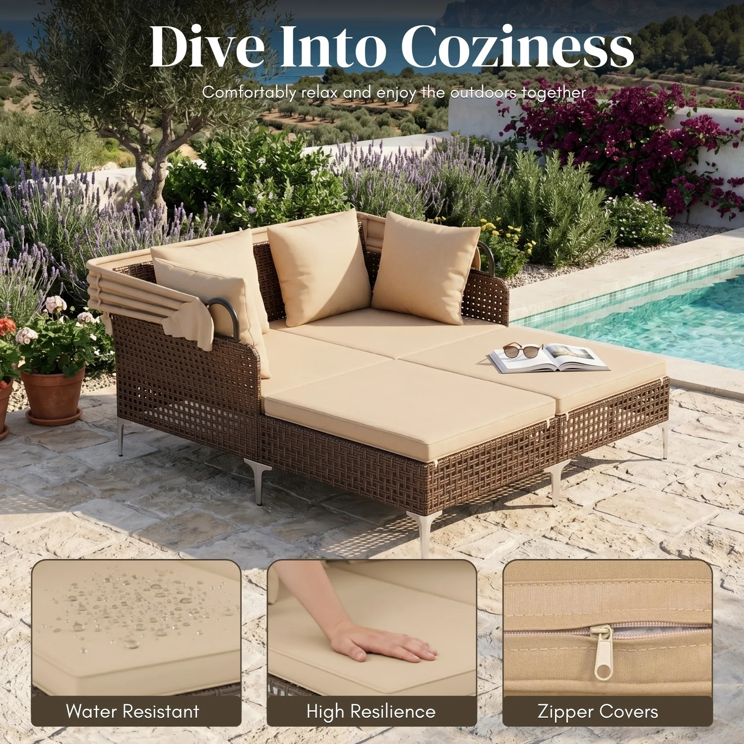 Luxury Outdoor Rattan Wicker Daybed with Canopy & Cushions - Image 4