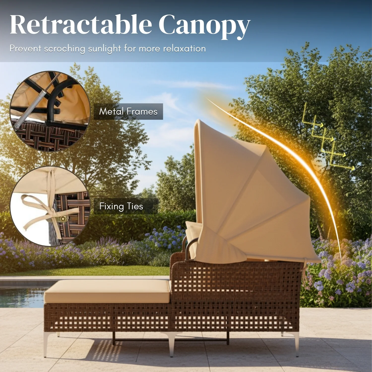 Luxury Outdoor Rattan Wicker Daybed with Canopy & Cushions - Image 6