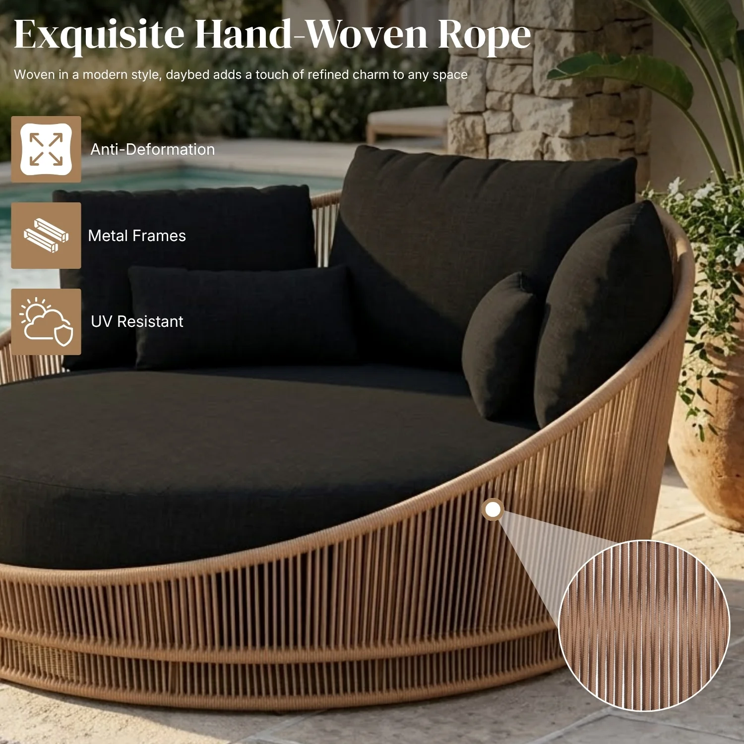 Modern Curved Patio Outdoor Rope Daybed (Beige & Black) - Image 3
