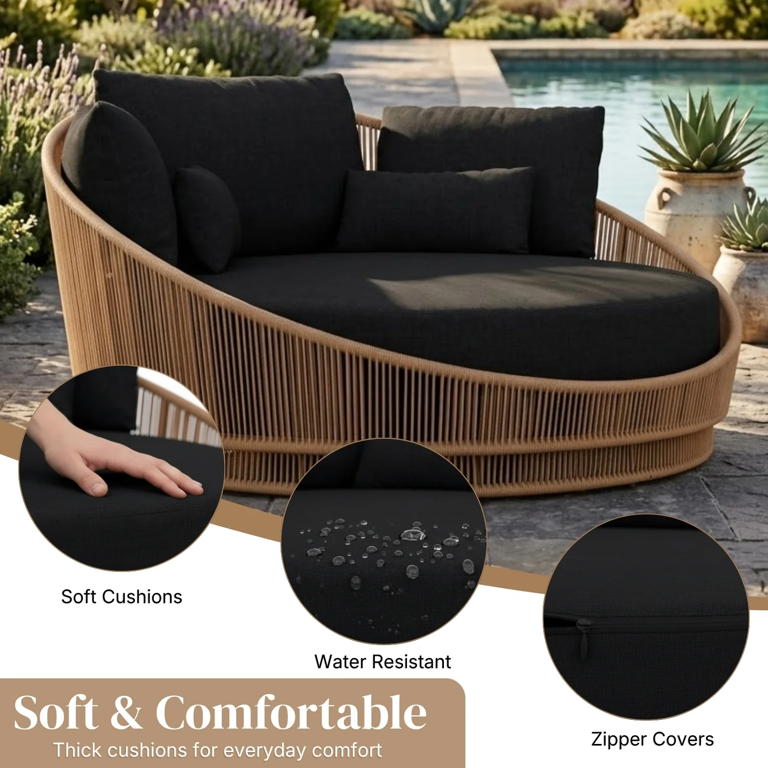 Modern Curved Patio Outdoor Rope Daybed (Beige & Black) - Image 5