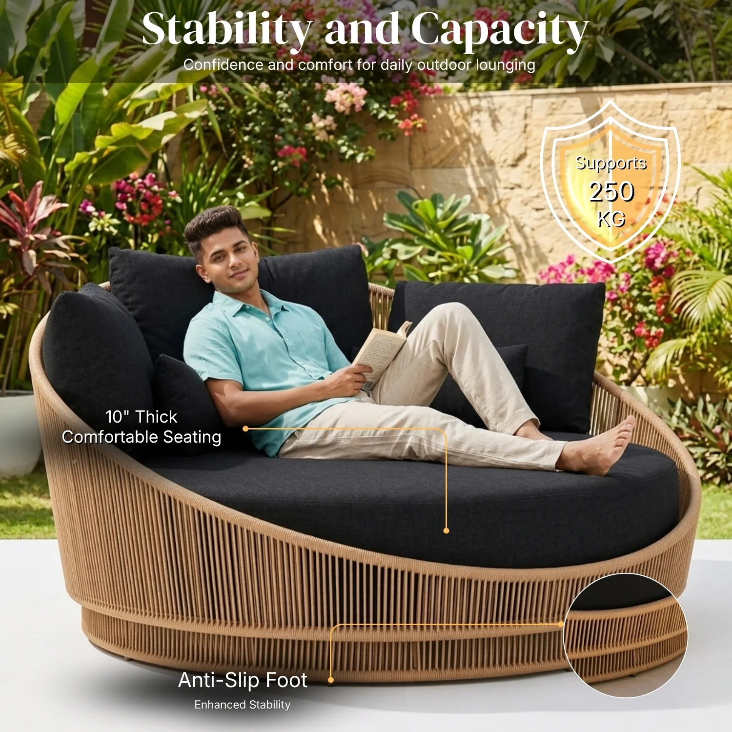 Modern Curved Patio Outdoor Rope Daybed (Beige & Black) - Image 6