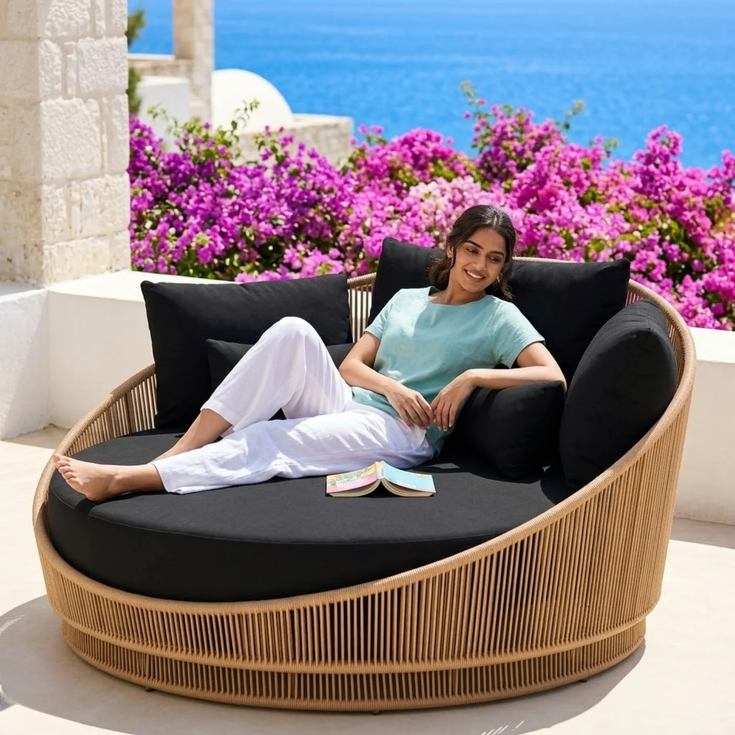 Modern Curved Patio Outdoor Rope Daybed (Beige & Black) - Image 9