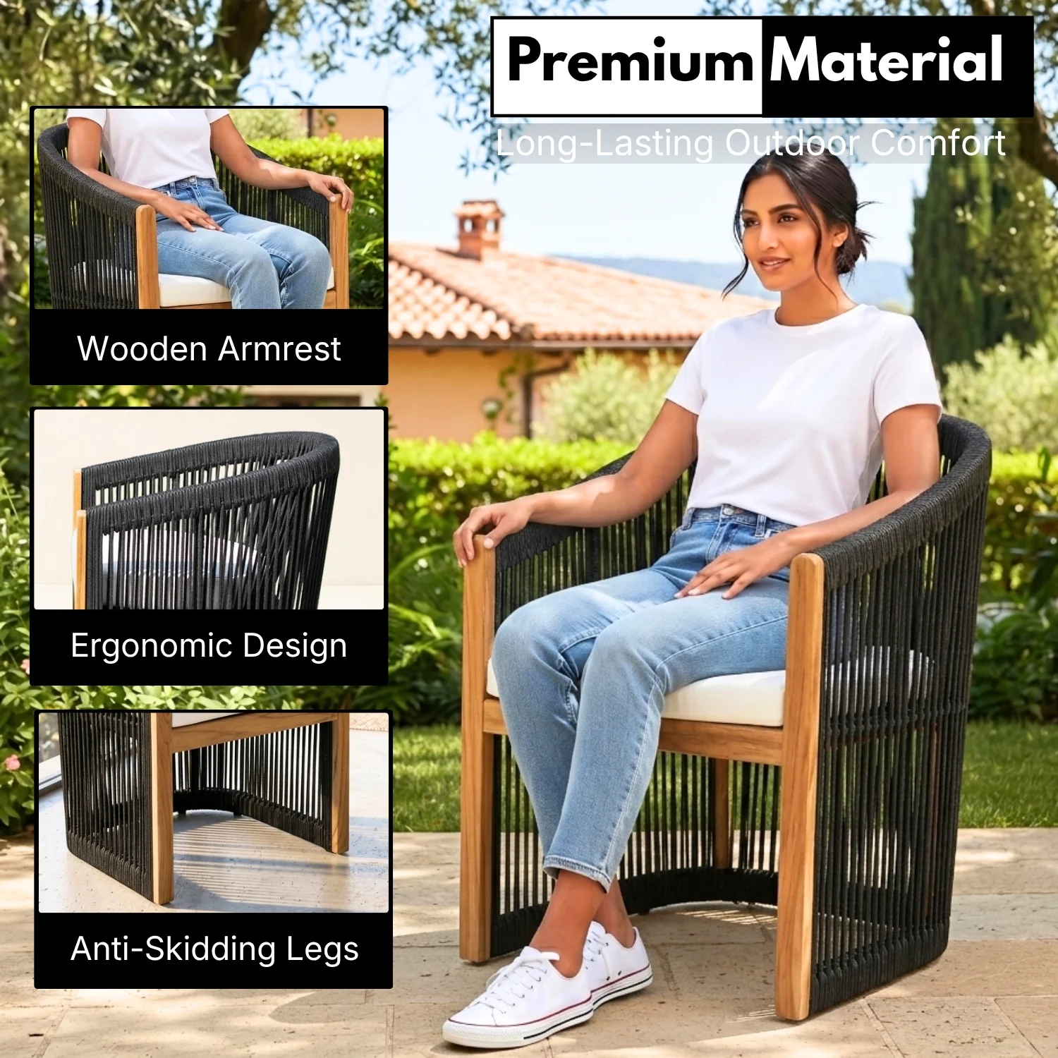 Modern Outdoor Rope Accent Chairs Set of 2 with Solid Wooden Frame - Image 5