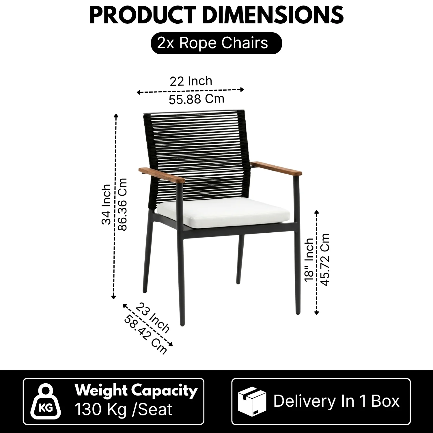 Modern Outdoor Rope Chairs with Wooden Armrests & Cushions (Black & White) - Image 2