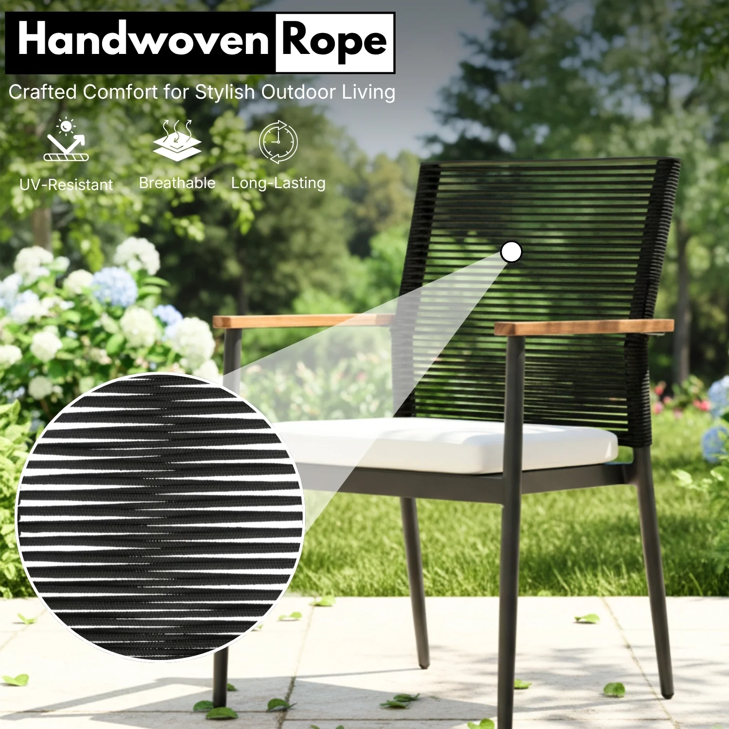 Modern Outdoor Rope Chairs with Wooden Armrests & Cushions (Black & White) - Image 3