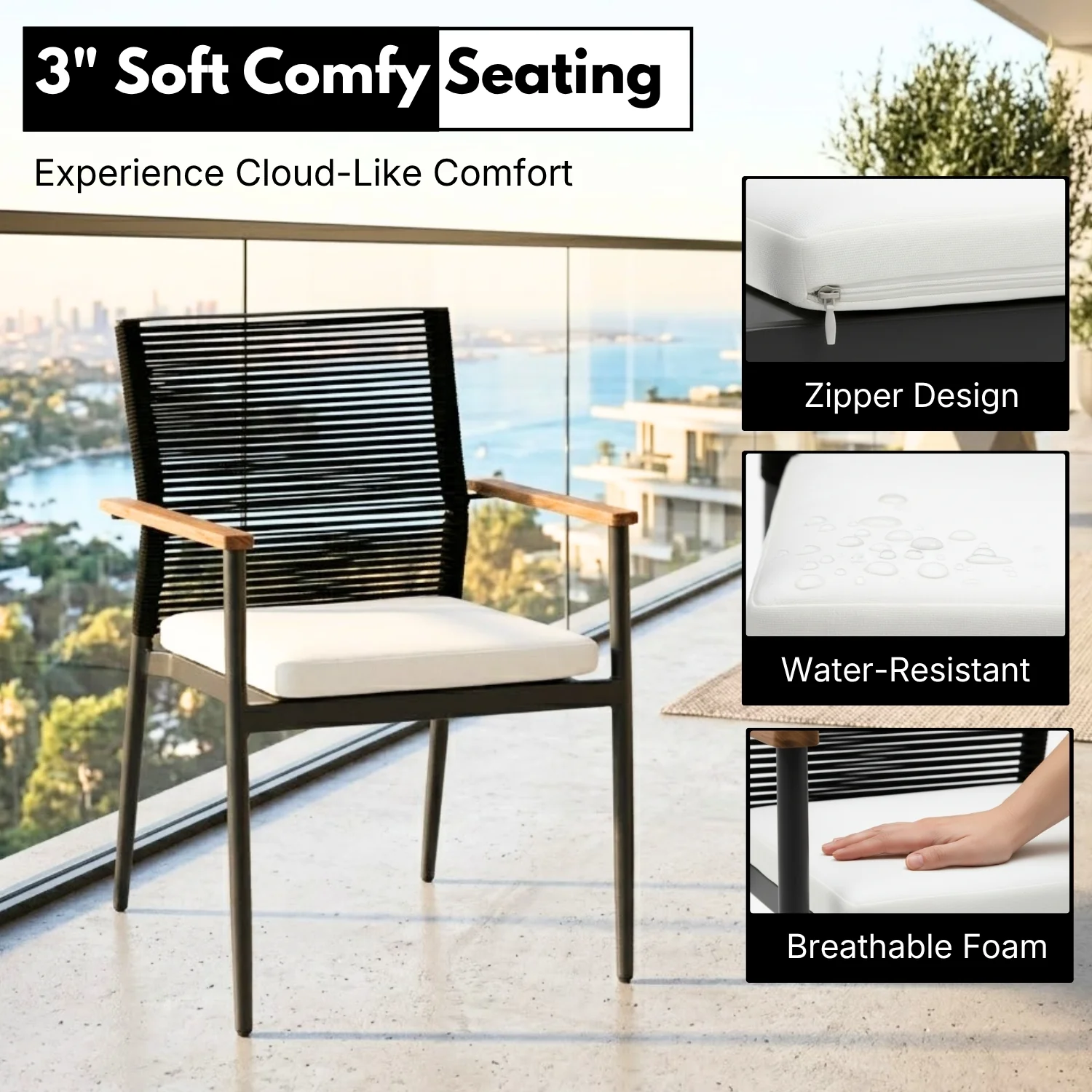 Modern Outdoor Rope Chairs with Wooden Armrests & Cushions (Black & White) - Image 4