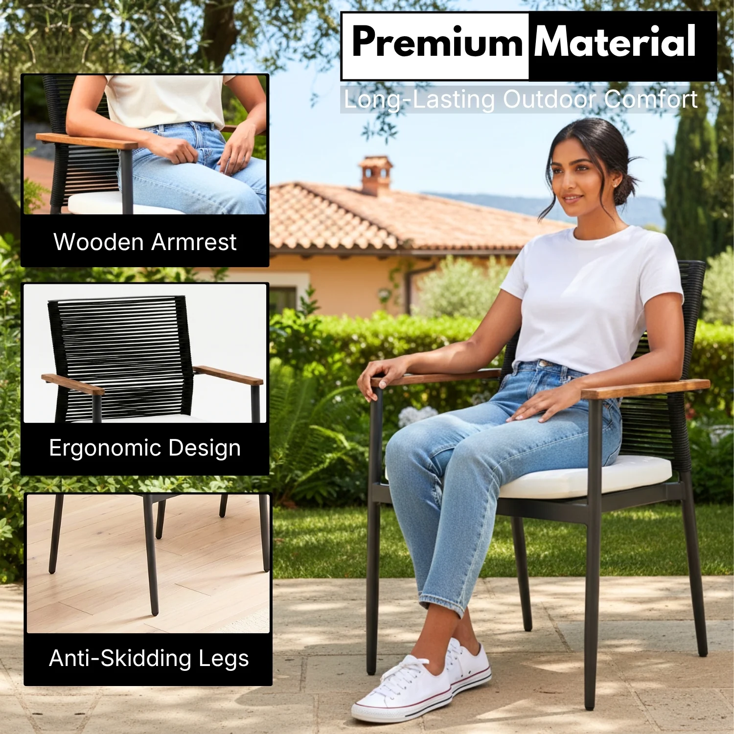 Modern Outdoor Rope Chairs with Wooden Armrests & Cushions (Black & White) - Image 5
