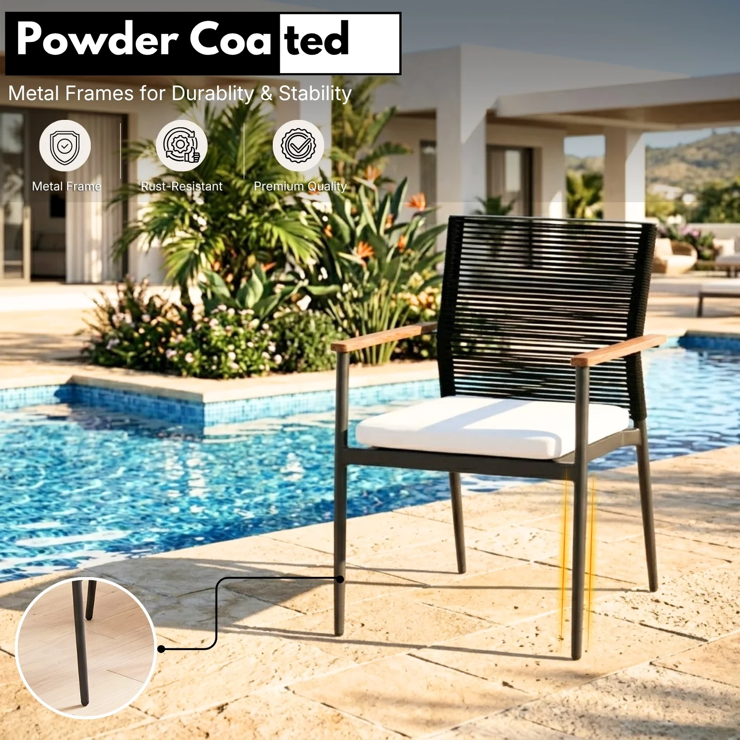 Modern Outdoor Rope Chairs with Wooden Armrests & Cushions (Black & White) - Image 6